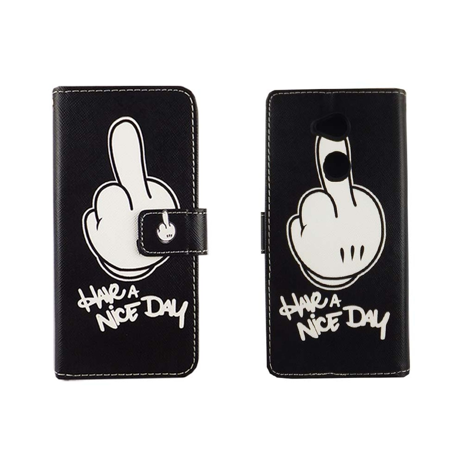 Eine Handyhülle mit zwei Händen, die den Mittelfinger zeigen. Die Hülle ist schwarz und hat die Worte: Have a nice day.