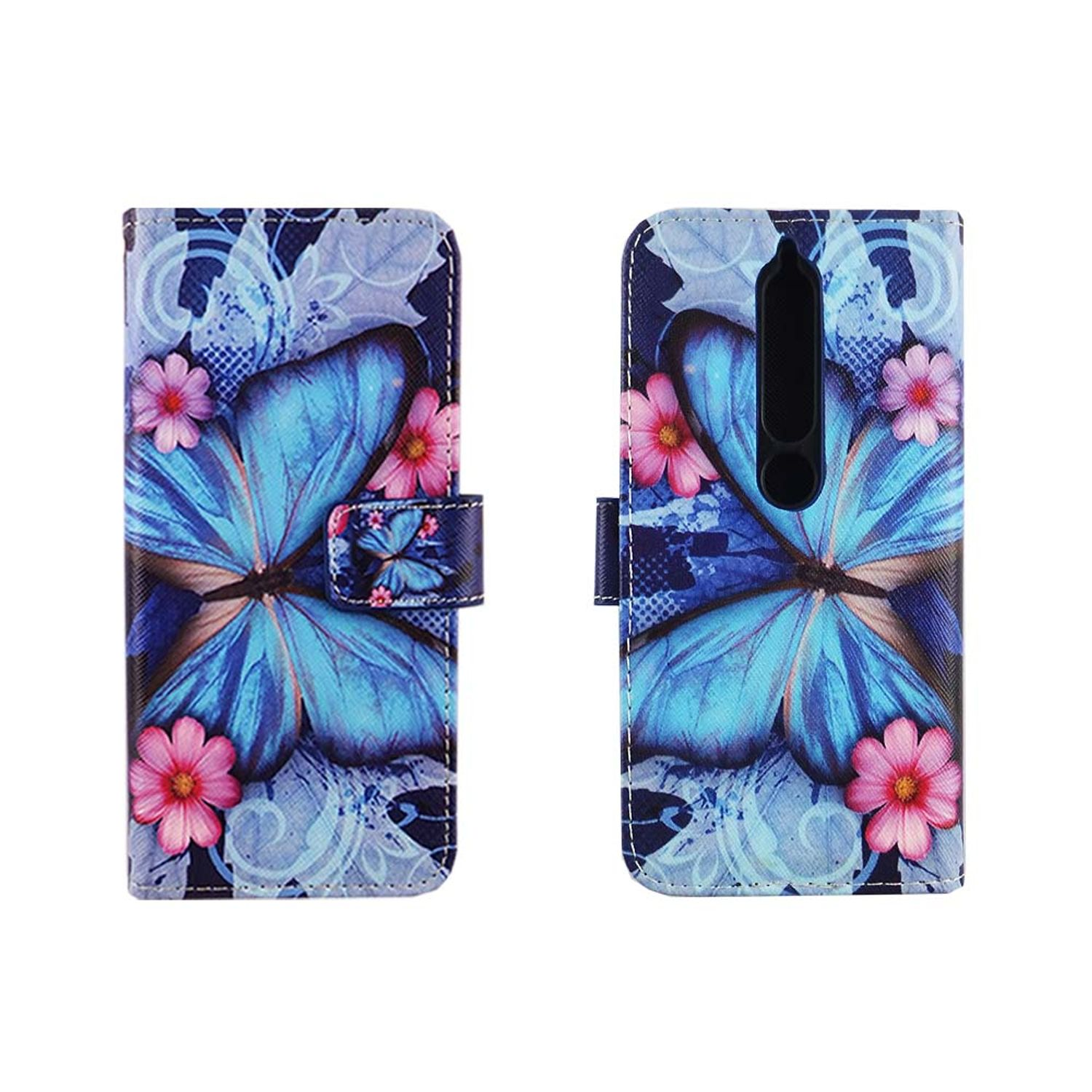 Handyhülle mit blauem Schmetterling und rosa Blumen. Die Hülle ist geschlossen und geöffnet.
