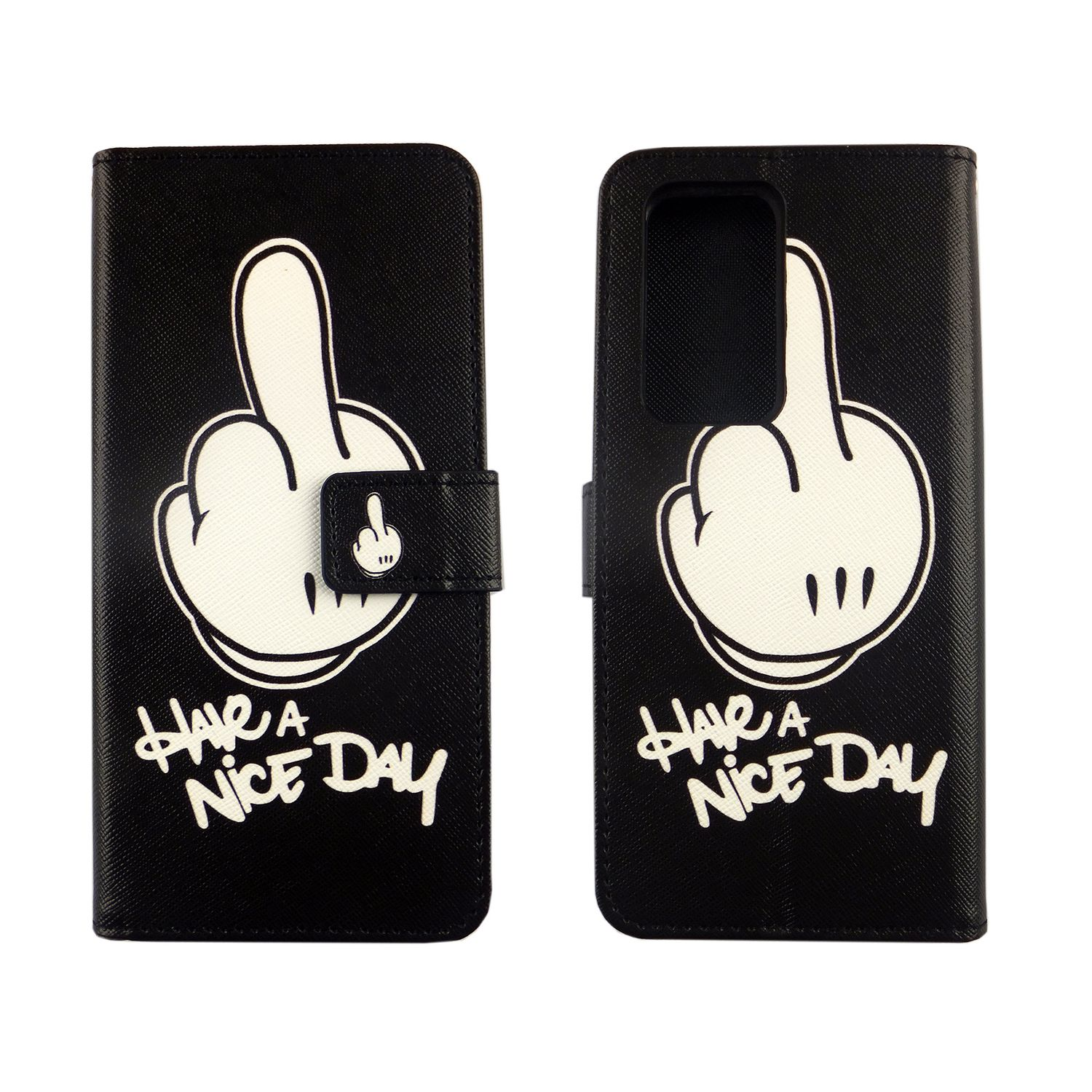 Schwarze Handyhülle mit weißer Grafik einer Hand mit Mittelfinger. Text.