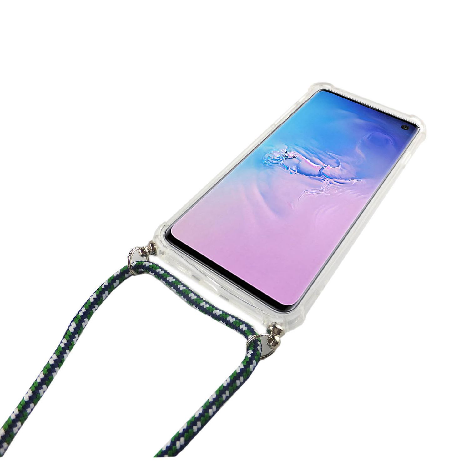 Telefon in einer transparenten Hülle mit Lanyard. Blaues und grünes Seil. Weißer Hintergrund.