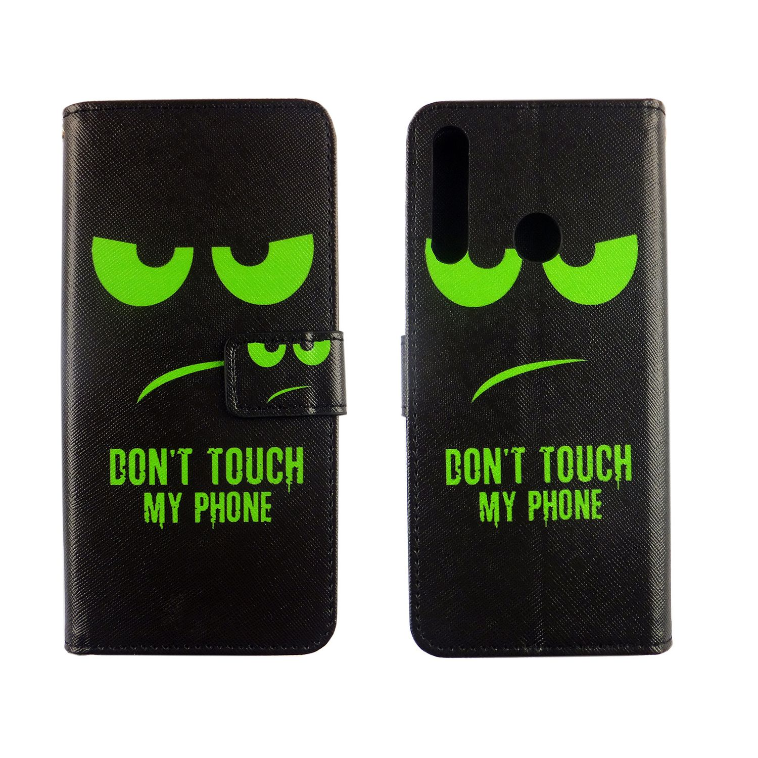 Schwarze Handyhülle mit grünen, wütenden Augen und Text: Don't Touch My Phone. Geöffnete und geschlossene Hülle.