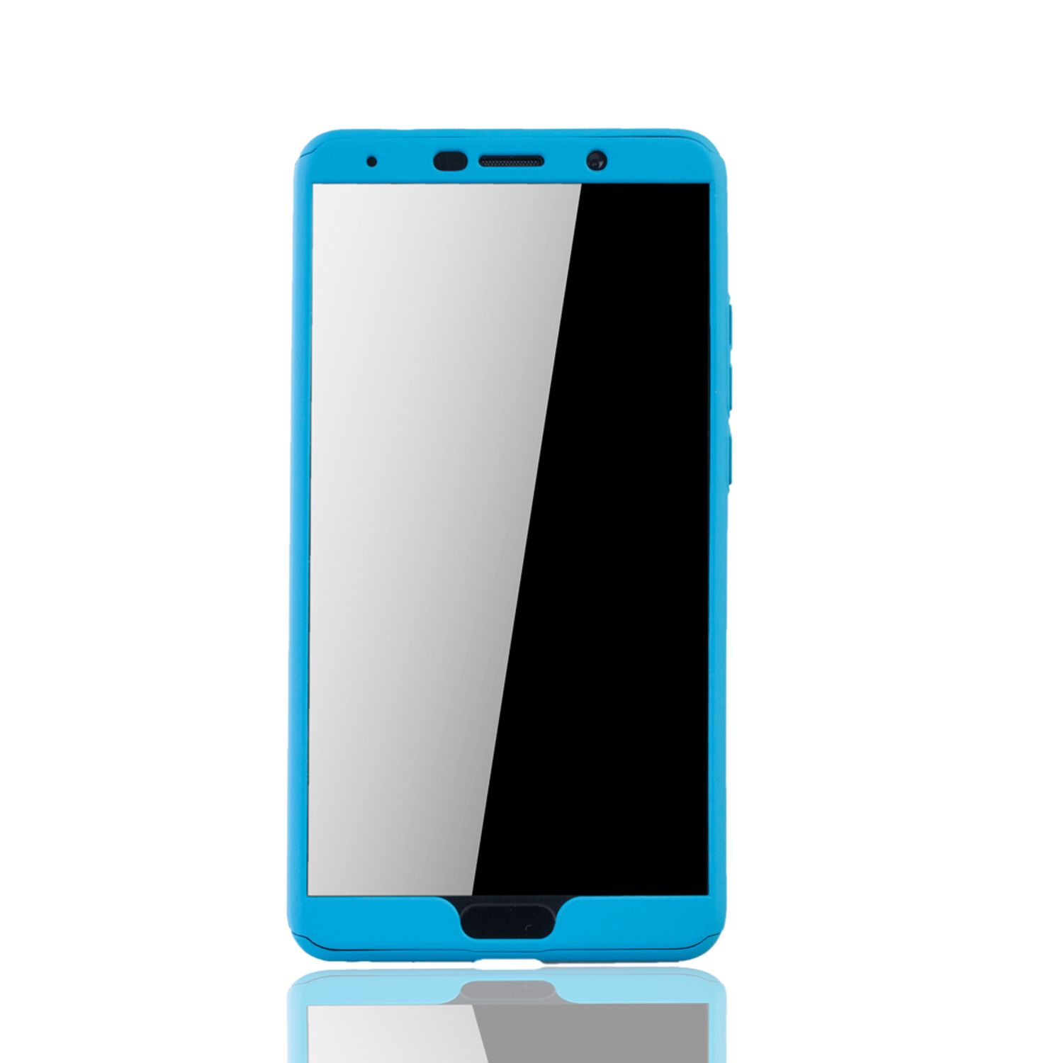 Eine blaue Handyhülle mit schwarzem Bildschirm. Das Telefon befindet sich auf weißem Hintergrund.