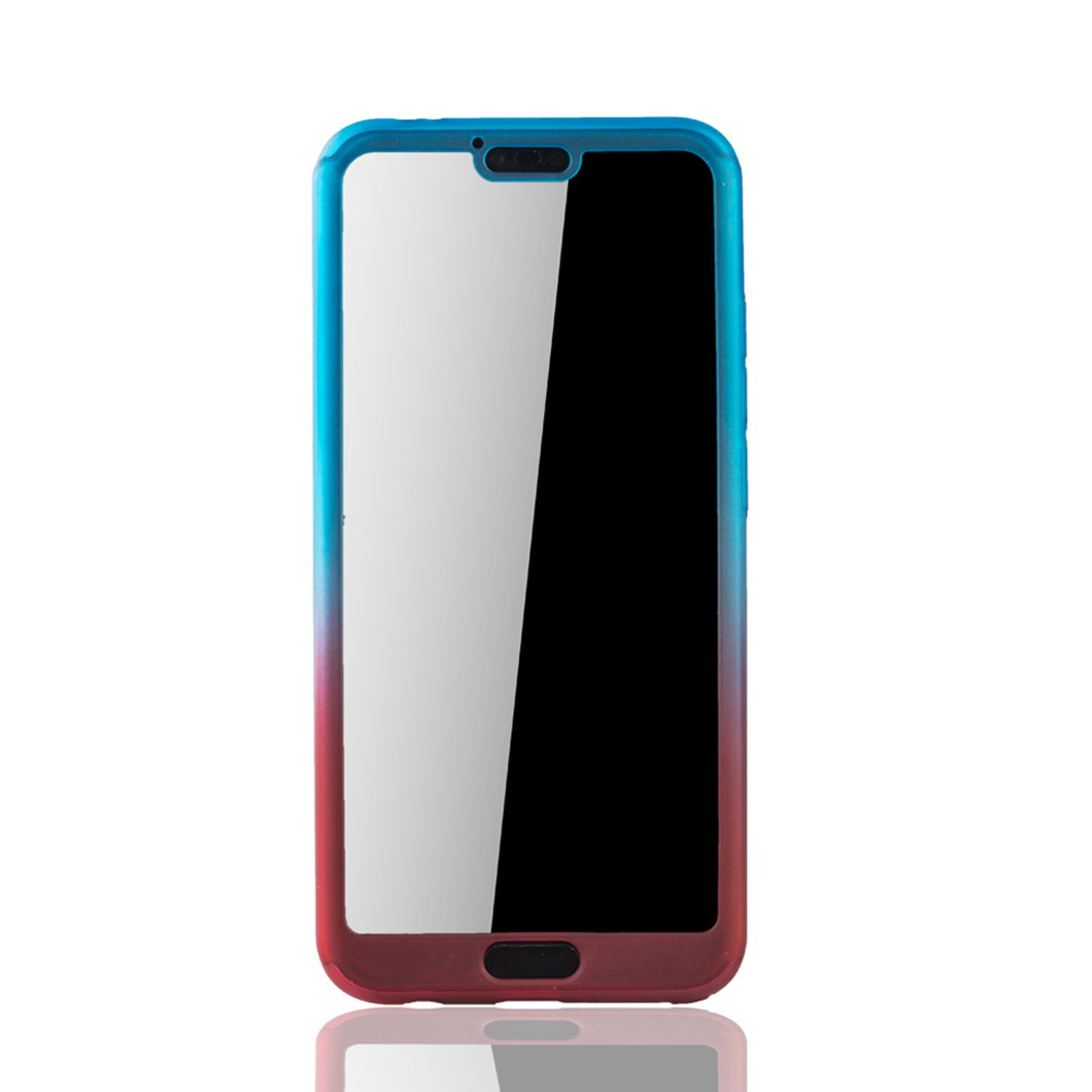 Ein Telefon mit blau-rotem Gehäuse, das den Bildschirm zeigt.