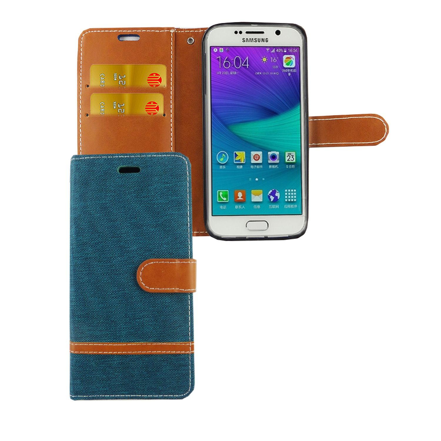 Eine blau-braune Handyhülle mit einem Telefon darin. Das Telefon zeigt Uhrzeit und Datum auf dem Bildschirm.