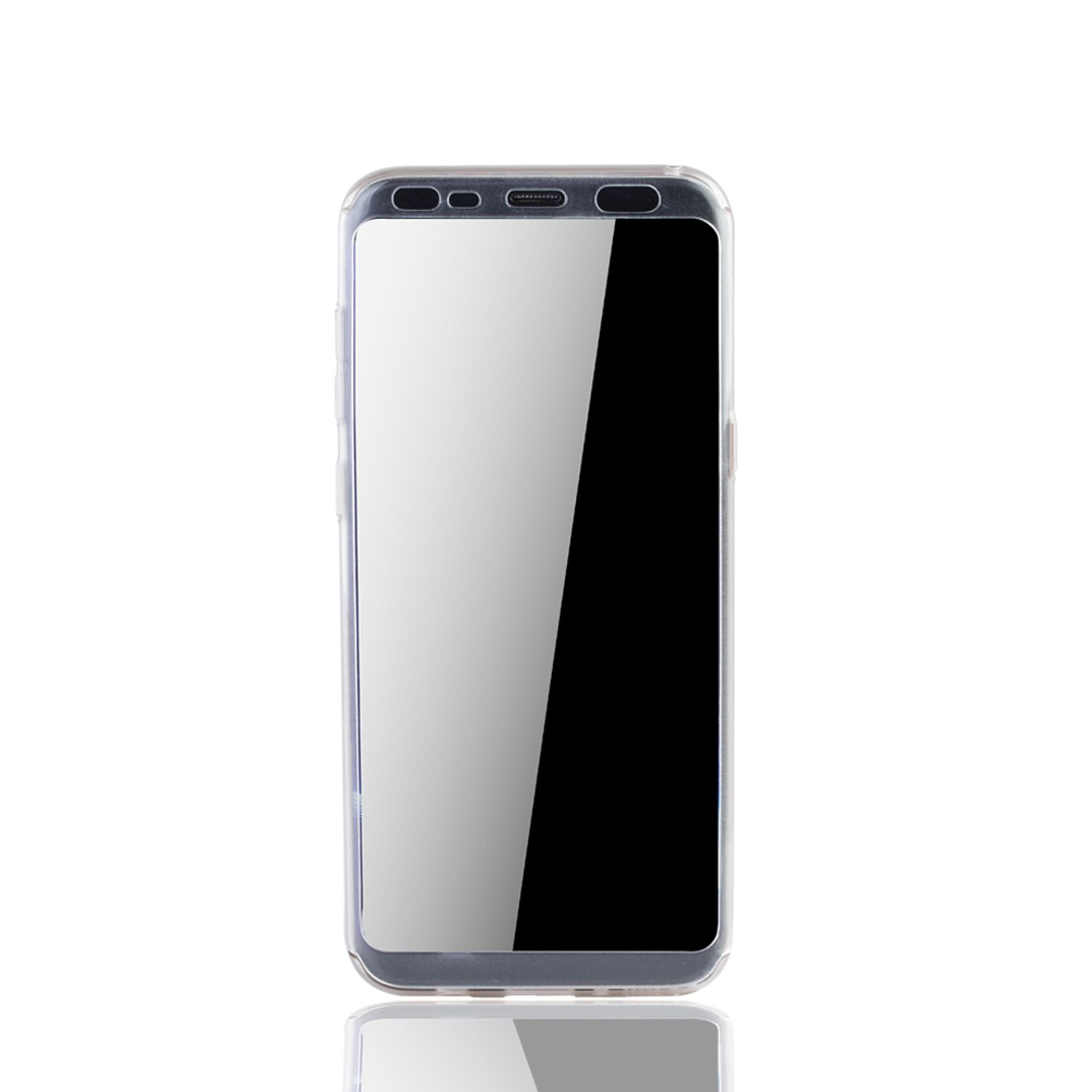 Ein Telefonbildschirm mit Glasabdeckung vor weißem Hintergrund. Der Bildschirm ist leer.