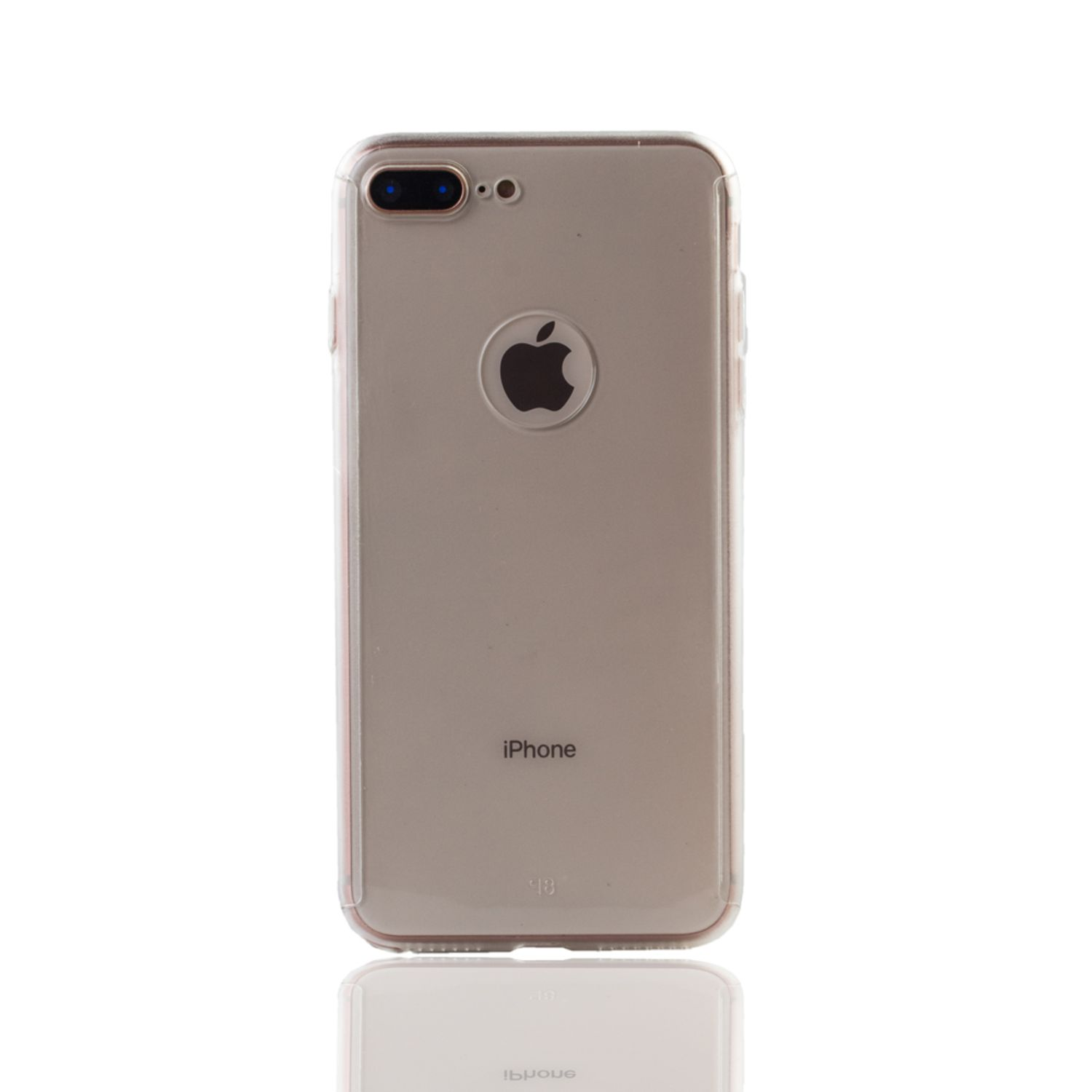 Transparente Handyhülle auf weißem Telefon. Apple-Logo sichtbar. Das Telefon auf weißem Hintergrund.
