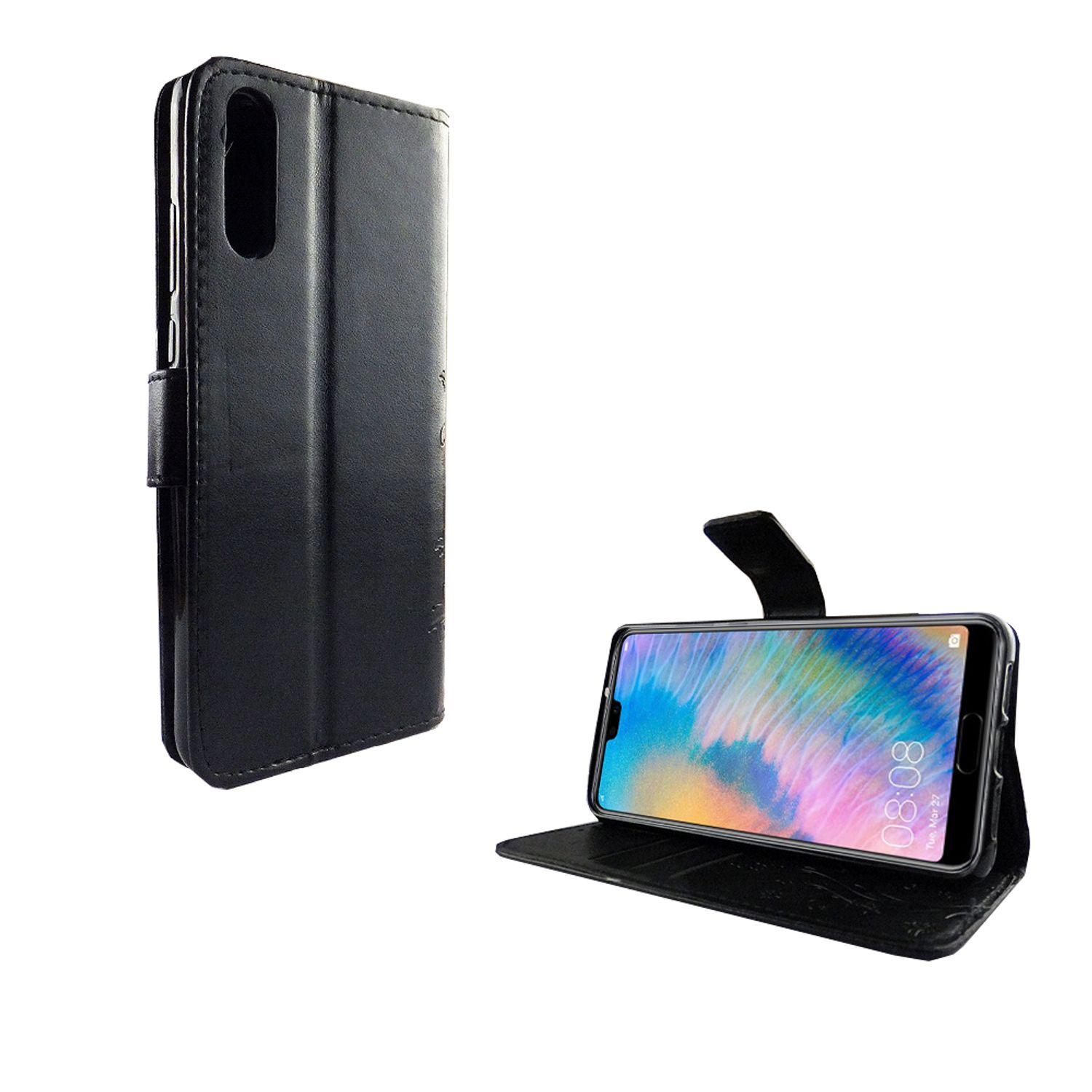 Schwarze Handyhülle mit einem Telefon darin. Telefon ist geöffnet, zeigt einen bunten Hintergrund.