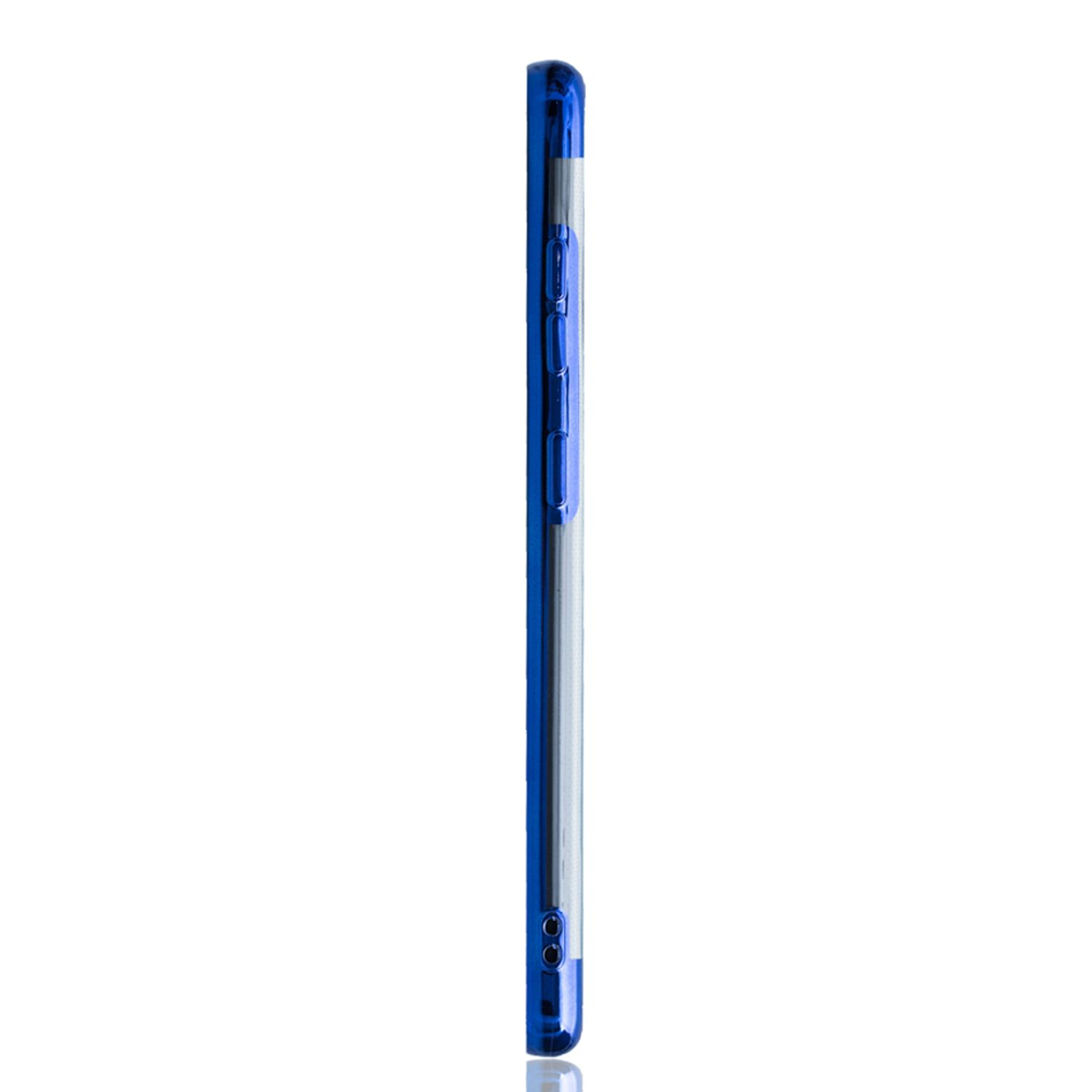 Blaue Handyhülle Seitenansicht, mit Knöpfen. Weißer Hintergrund.