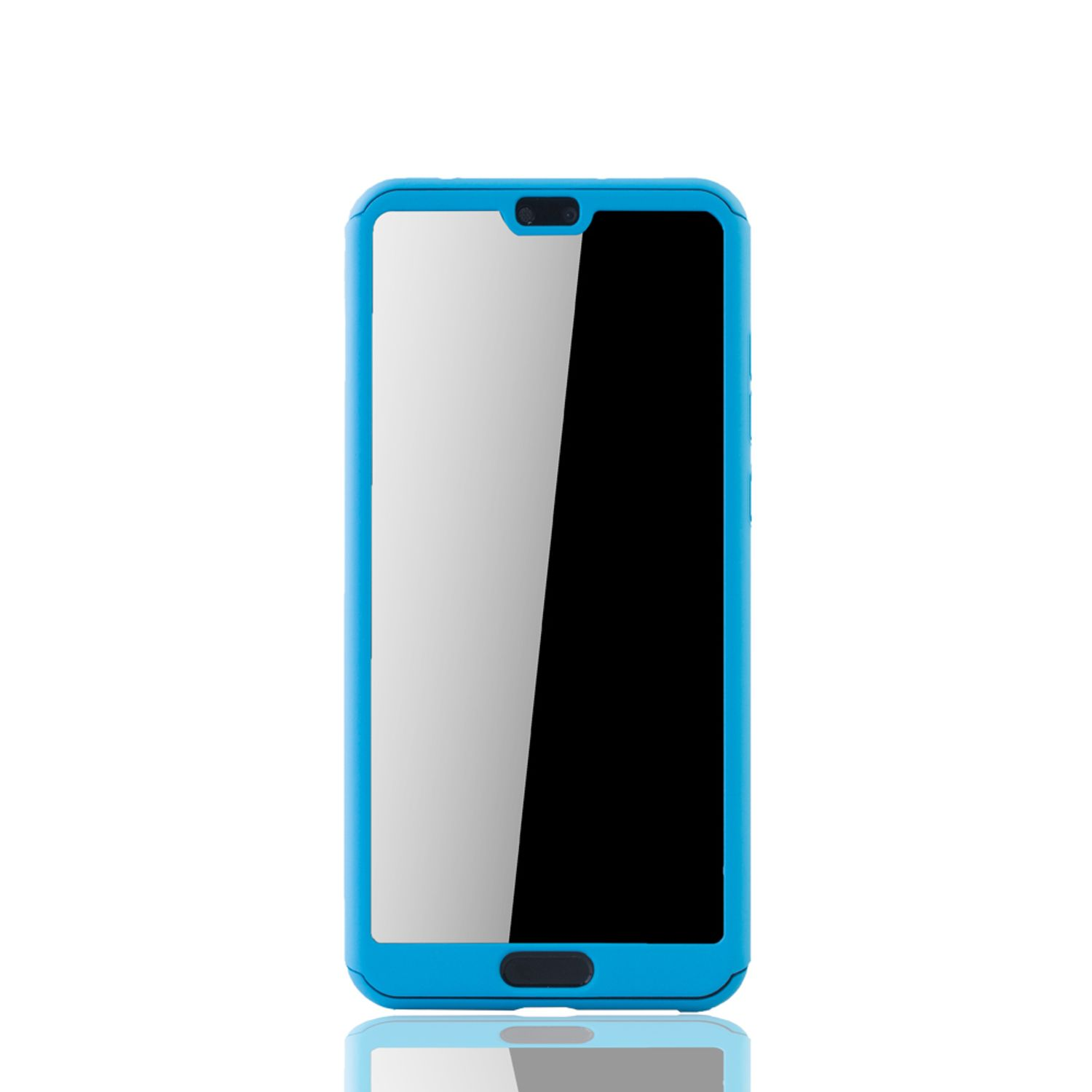 Blaue Handyhülle mit Telefon im Inneren. Weißer Hintergrund.