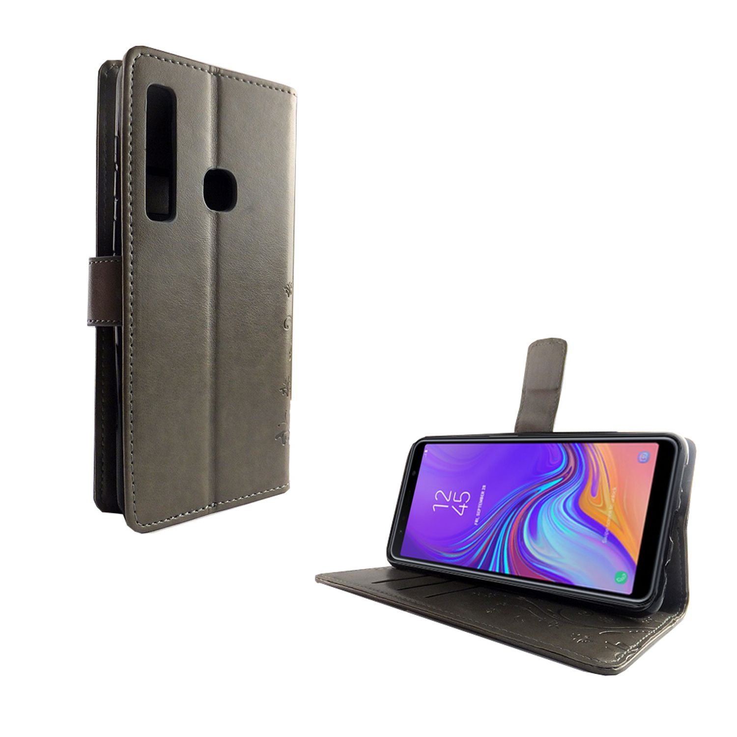 Graue Handyhülle mit offenem Handy, das einen Bildschirm mit Uhrzeit zeigt. Hülle ist Leder-Optik.