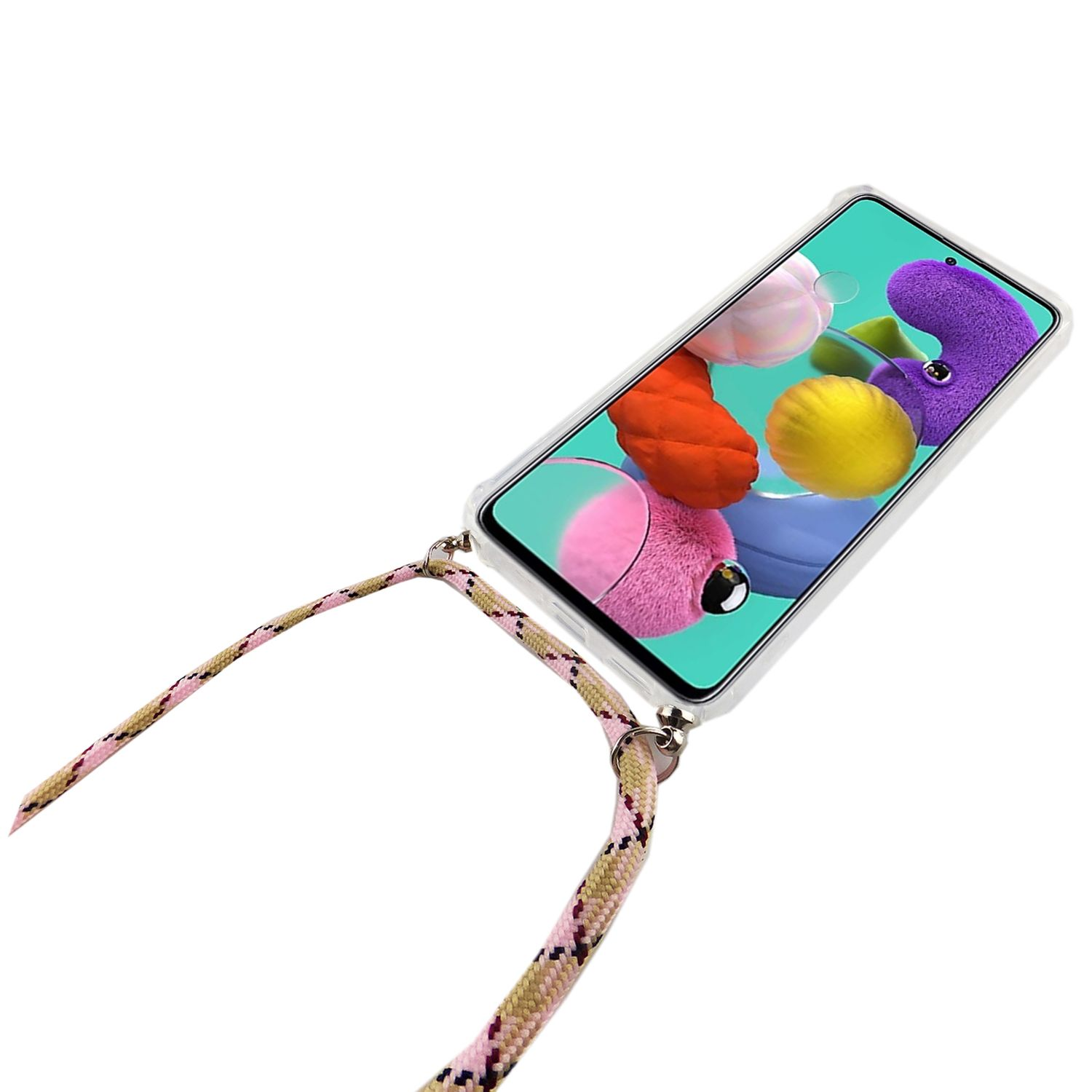 Telefon in einer transparenten Hülle mit pinkfarbenem Riemen. Das Telefon zeigt bunte Formen. Hintergrund ist weiß.
