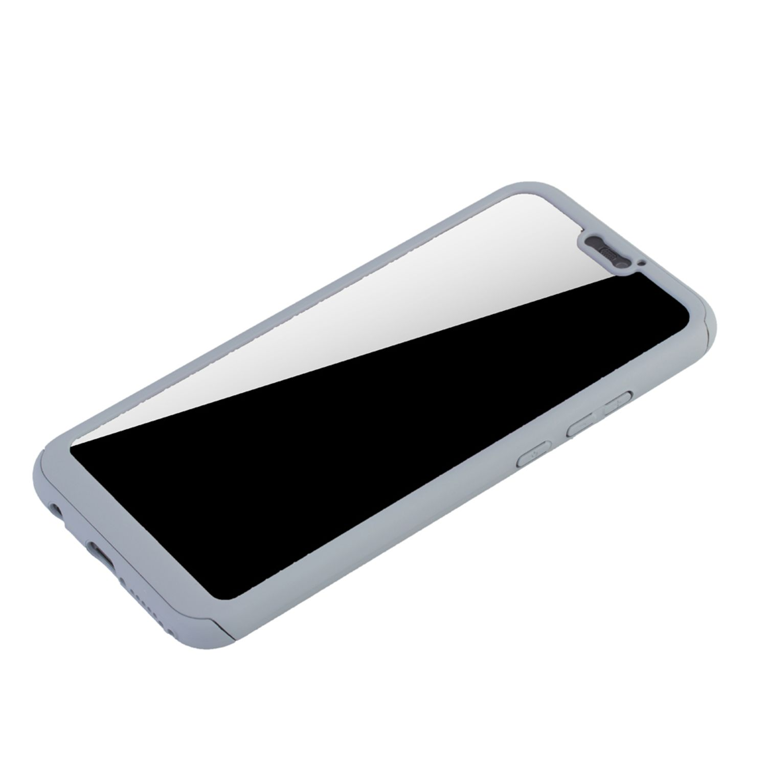 Ein Telefon mit Displayschutz. Grauer Rahmen, schwarzer Bildschirm, klares Glas, weißer Hintergrund.