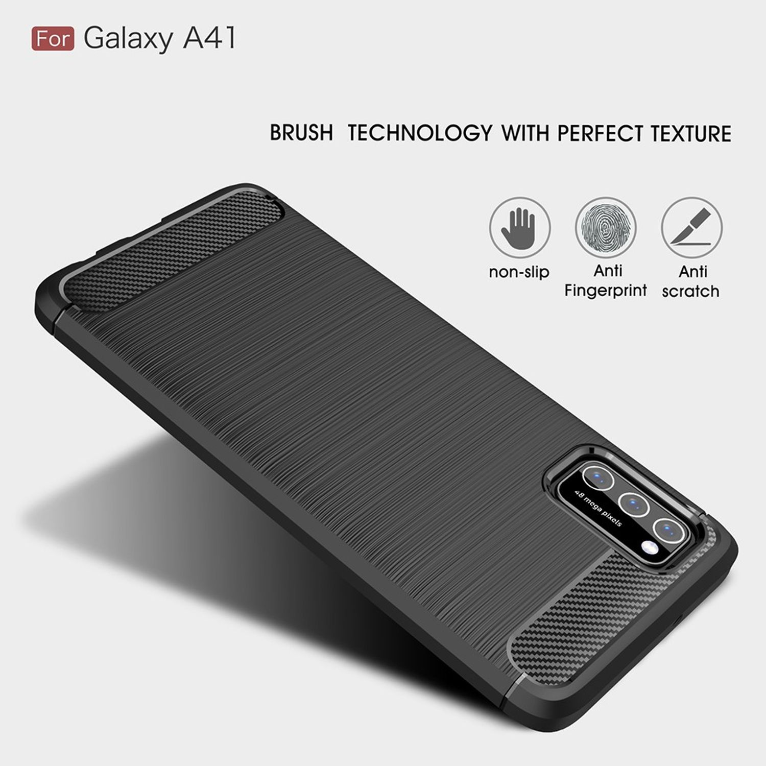 Schwarze Handyhülle für Galaxy A41, strukturiert, mit Symbolen: rutschfest, Anti-Fingerabdruck, Anti-Kratzer.