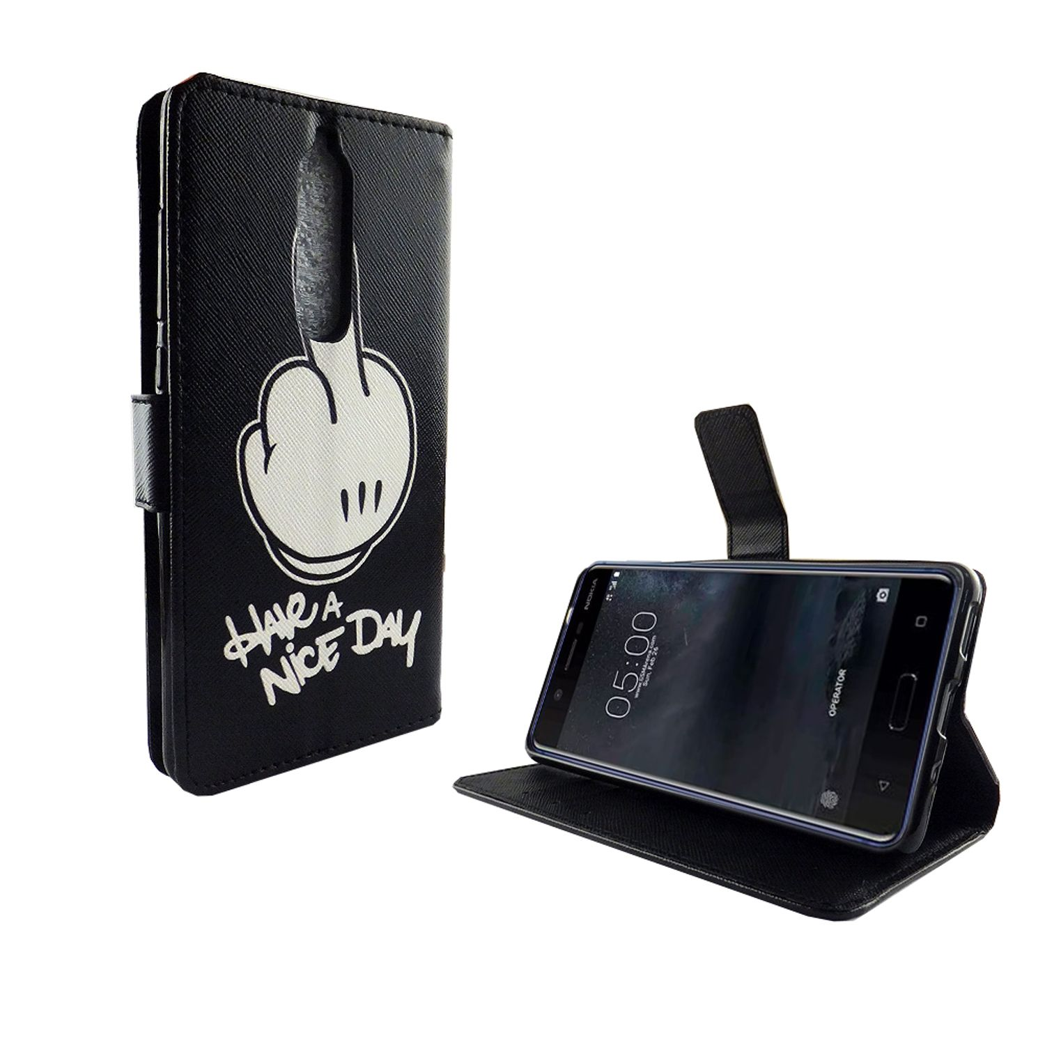 Eine schwarze Handyhülle mit weißer Handgeste. Ein Telefon befindet sich in der Hülle, zum Betrachten eingerichtet. Weißer Hintergrund.