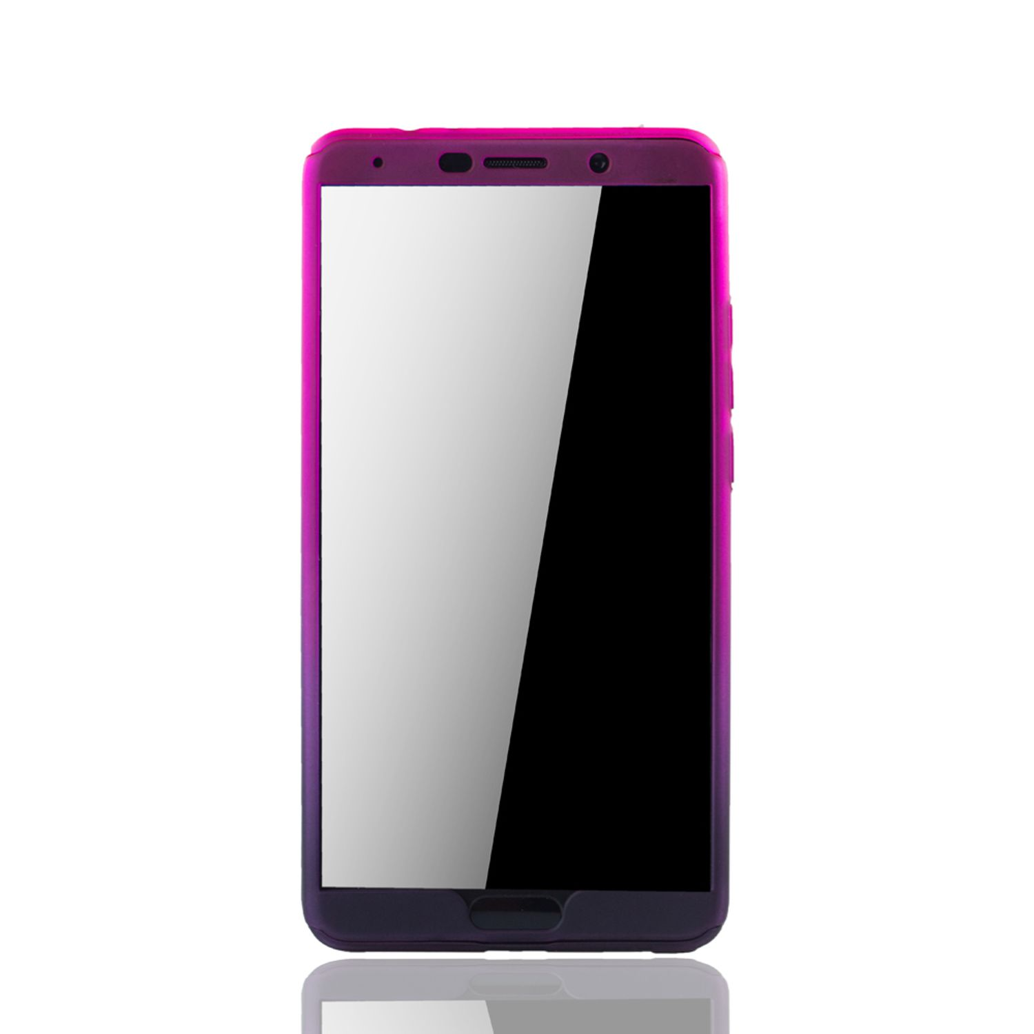 Lila Telefon mit weißem Bildschirm auf weißer Oberfläche.