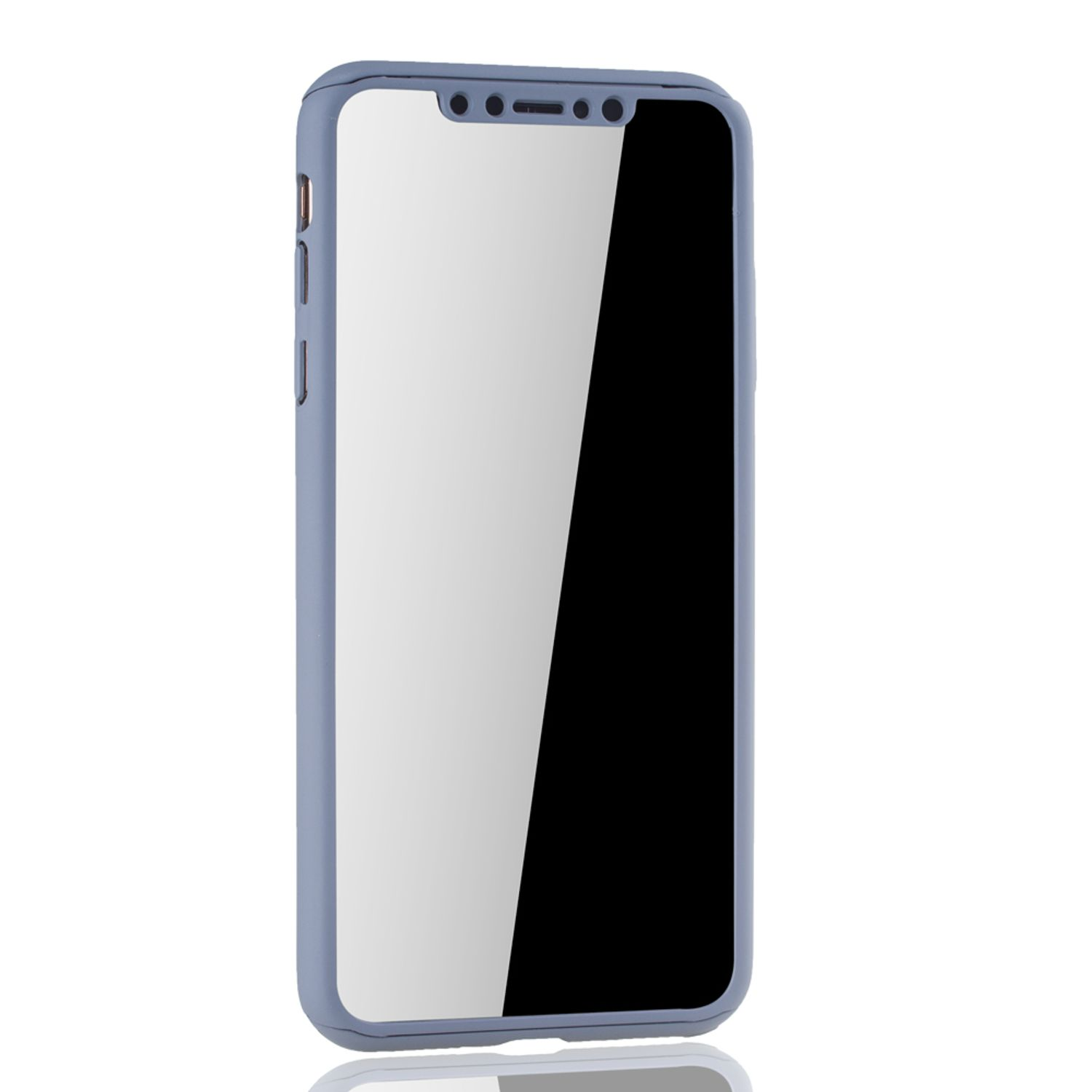 Blaues Smartphone in einer Hülle, mit weißem Bildschirm, schwarzem Bildschirm, auf weißem Hintergrund.