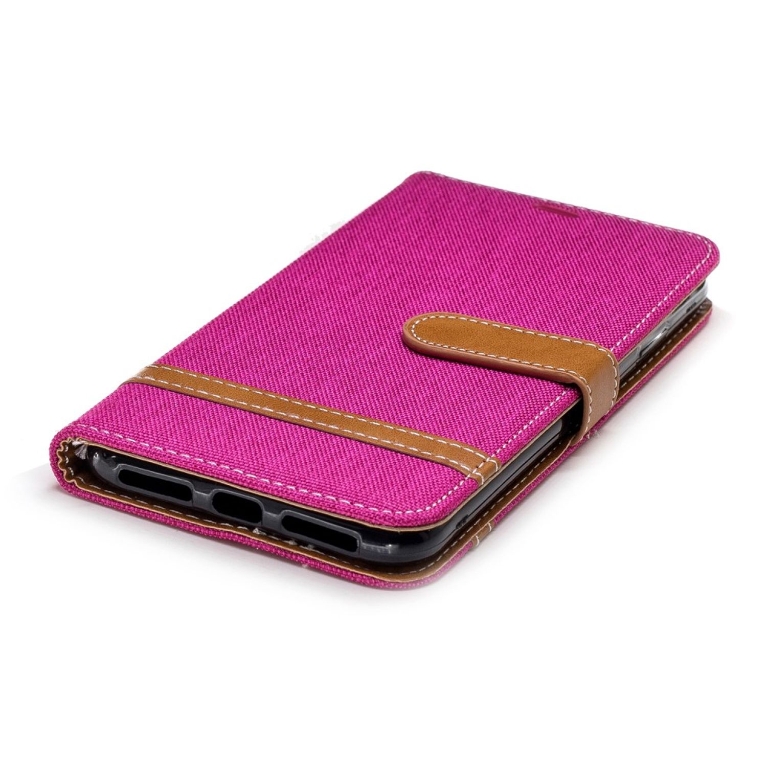 Eine pinkfarbene Handyhülle mit braunem Riemenverschluss. Das Telefon ist darin. Hintergrund weiß.