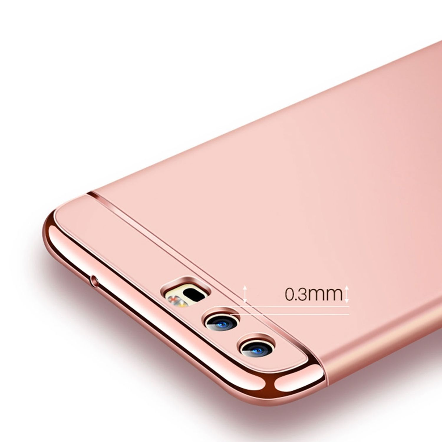 Roségoldenes Handycase, Nahaufnahme des Kamerabereichs. Der Rahmen ist metallisch mit 0,3 mm Dicke.