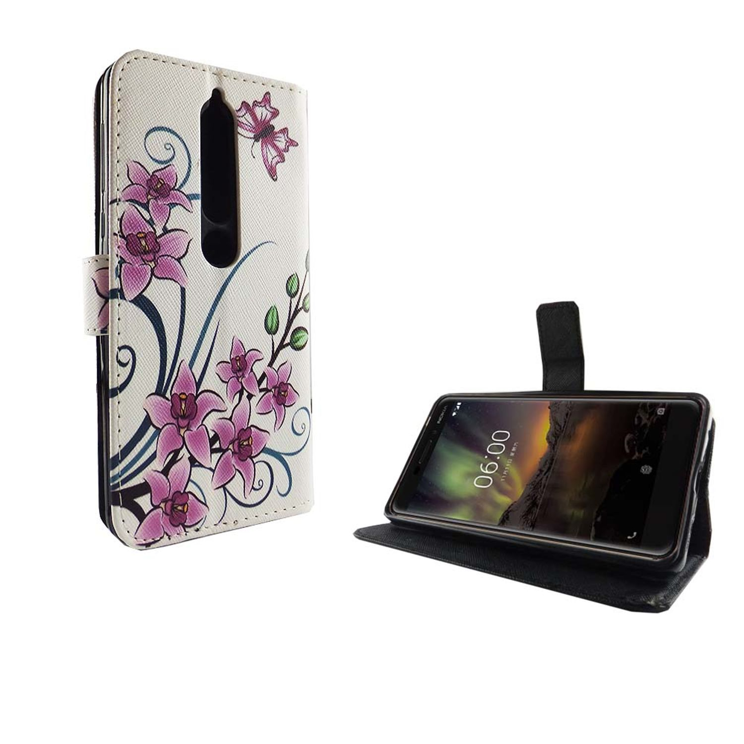 Weiße, florale Handyhülle mit Landschaft auf dem Telefon. Geöffnet und geschlossen.