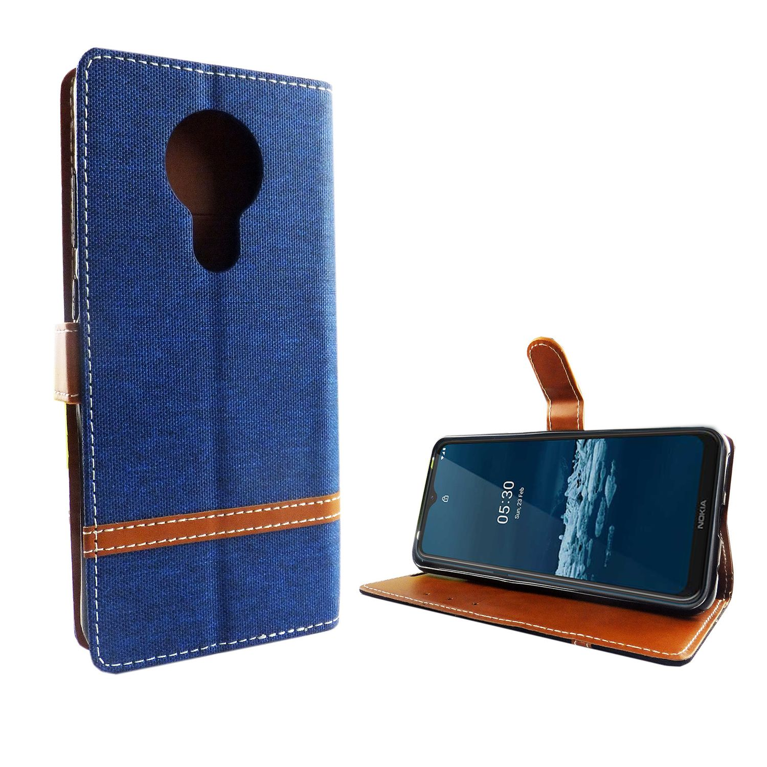 Blau-braune Handyhülle offen. Zeigt das Telefon mit schwarzem Bildschirm. Markiert Nokia.