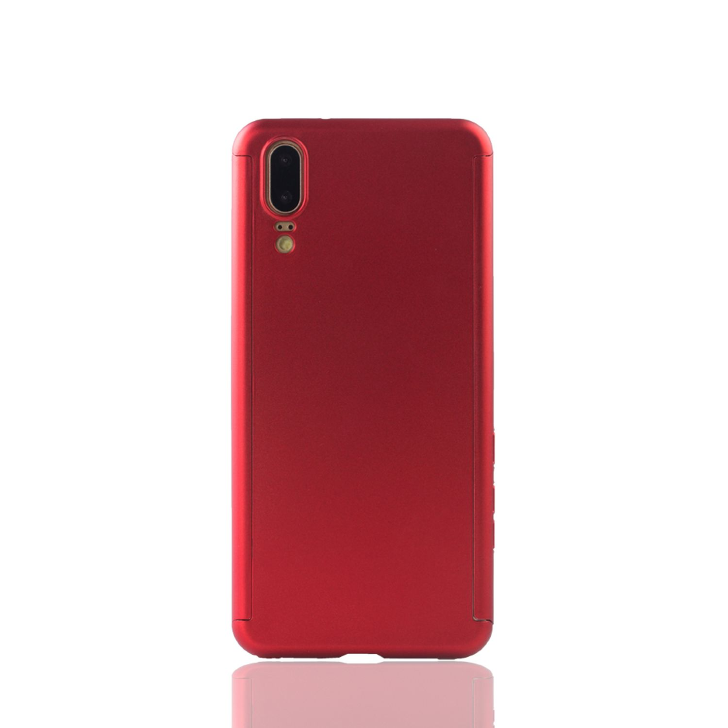 Eine rote Handyhülle. Die Handyhülle ist einfarbig rot. Das Telefon ist schwarz.