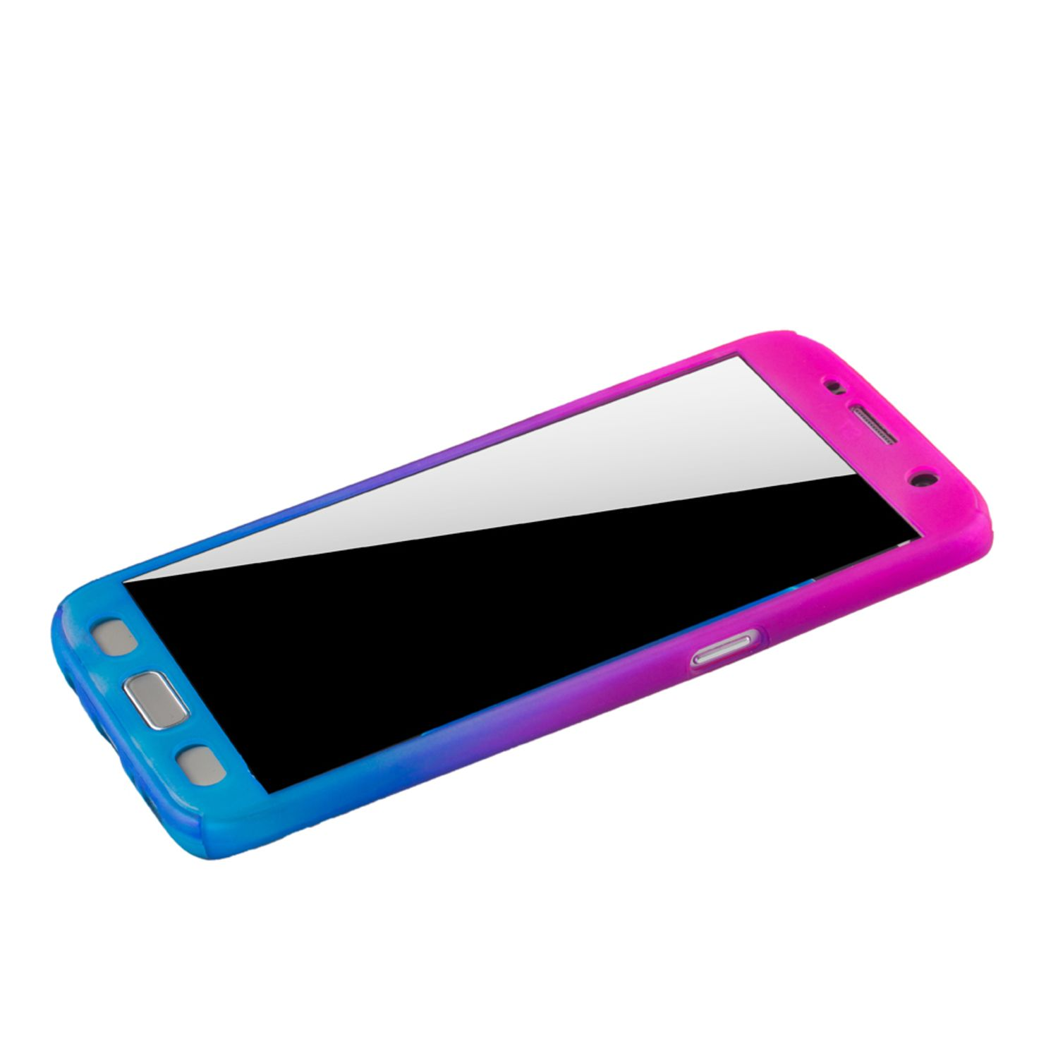 Telefon in einer blau-rosa Farbverlaufshülle. Der Bildschirm ist schwarz.