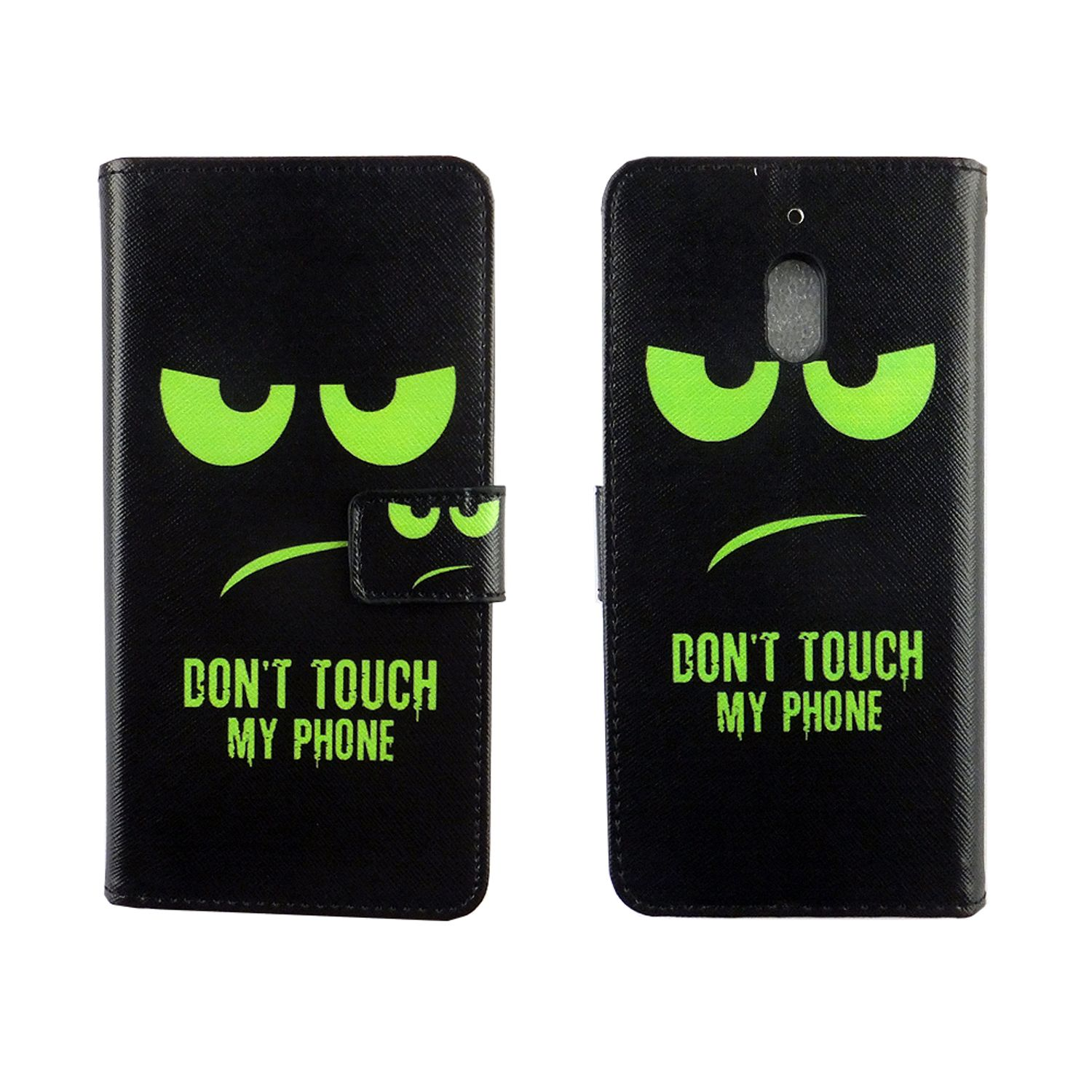 Schwarze Handyhülle mit grünen Augen. Text: Don't Touch My Phone. Hülle geschlossen und offen.