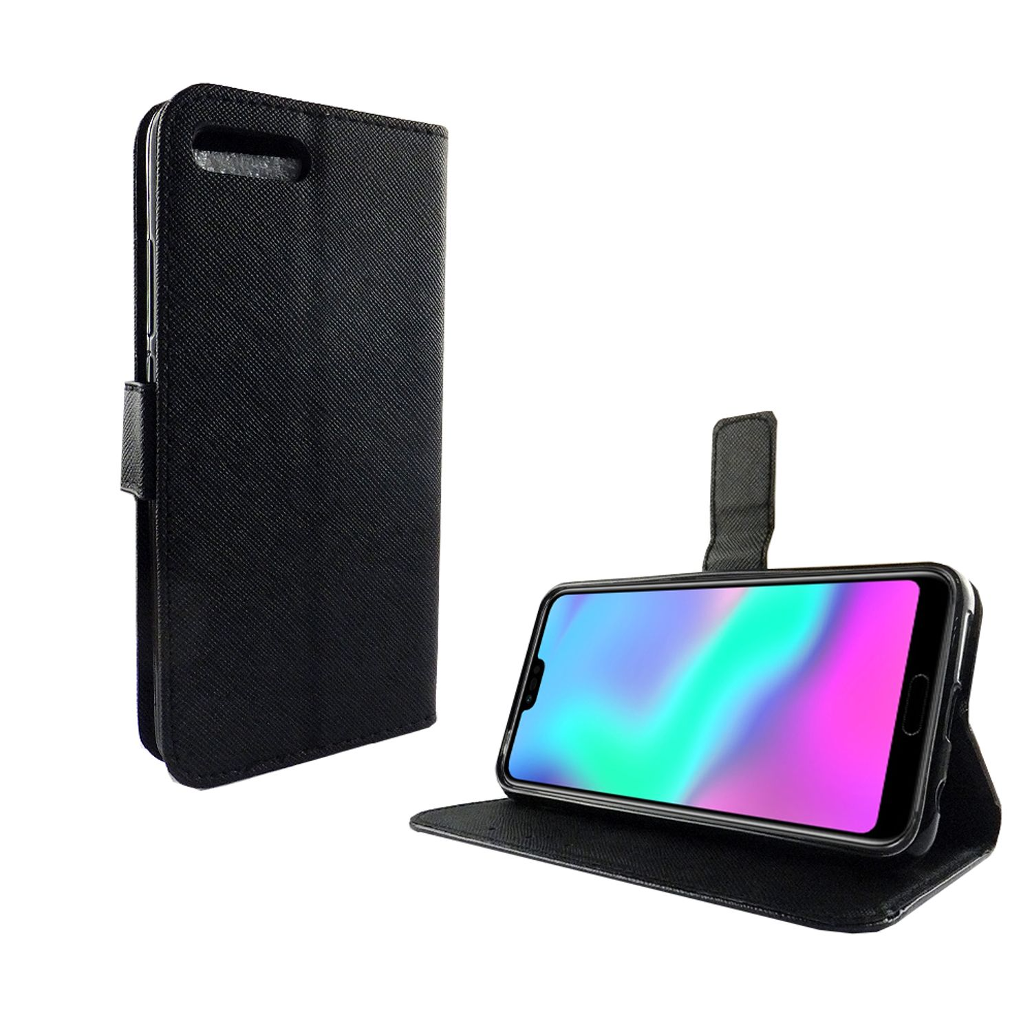 Schwarze Handyhülle offen mit Telefon, das bunten Bildschirm zeigt.