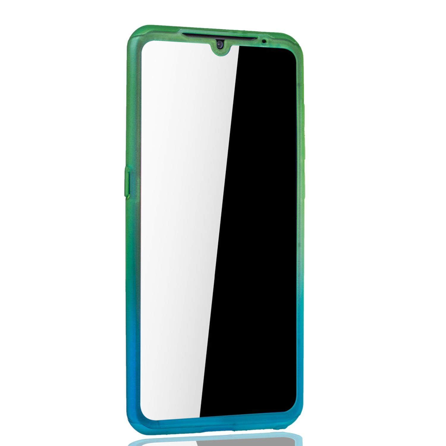 Ein Telefon mit Displayschutz. Die Hülle ist grün und blau, mit einem schwarzen Bildschirm.