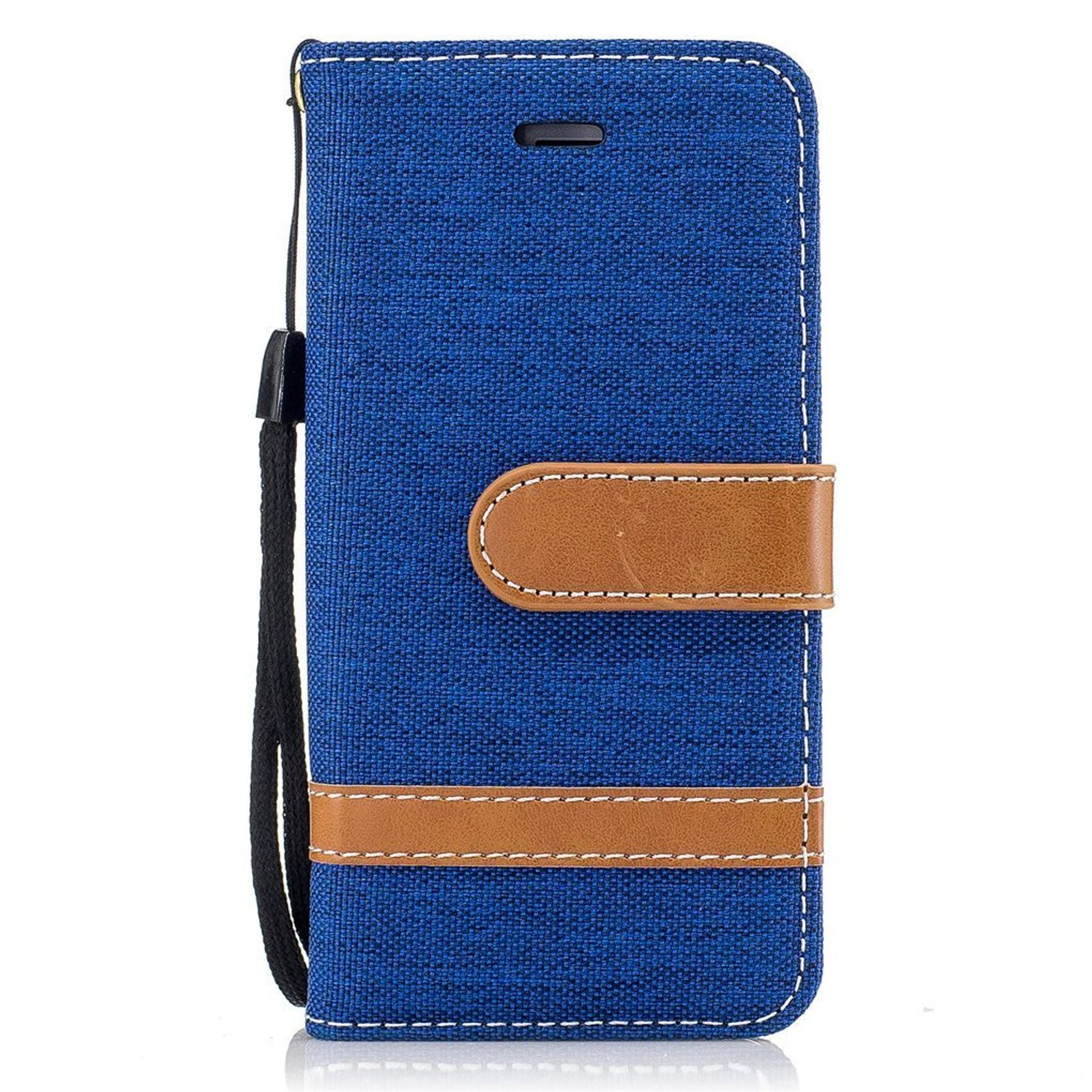 Eine blaue Handyhülle mit braunem Streifen und Riemen. Weißer Hintergrund.