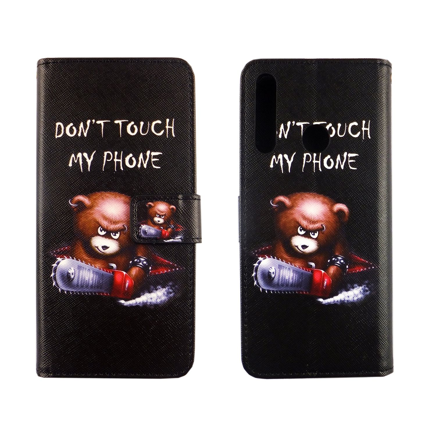 Schwarze Handyhülle mit Bärenmotiv und dem Text 'DON'T TOUCH MY PHONE'. Der Hintergrund ist weiß.