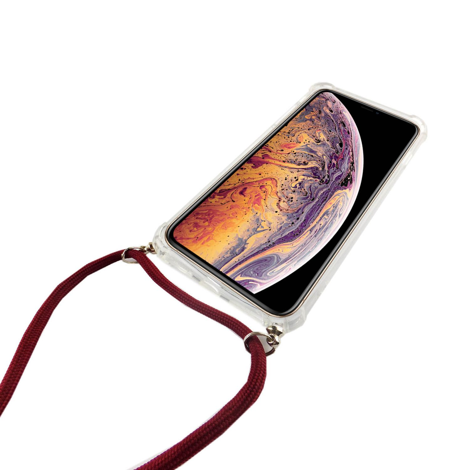 Telefon mit durchsichtiger Hülle und Lanyard. Der Bildschirm zeigt bunten Hintergrund. Isoliert auf Weiß.