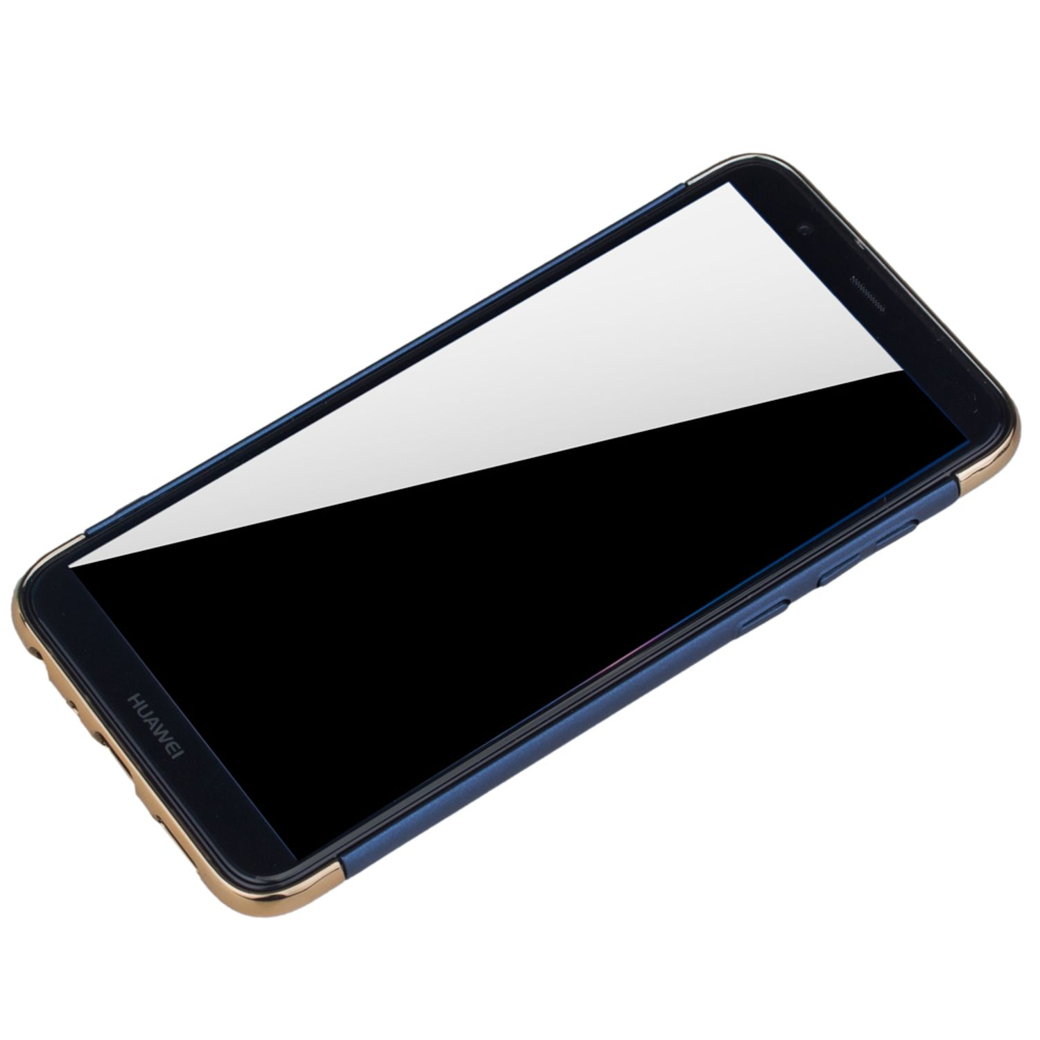 Huawei-Telefon in einer blau-goldenen Hülle. Weißer Hintergrund.