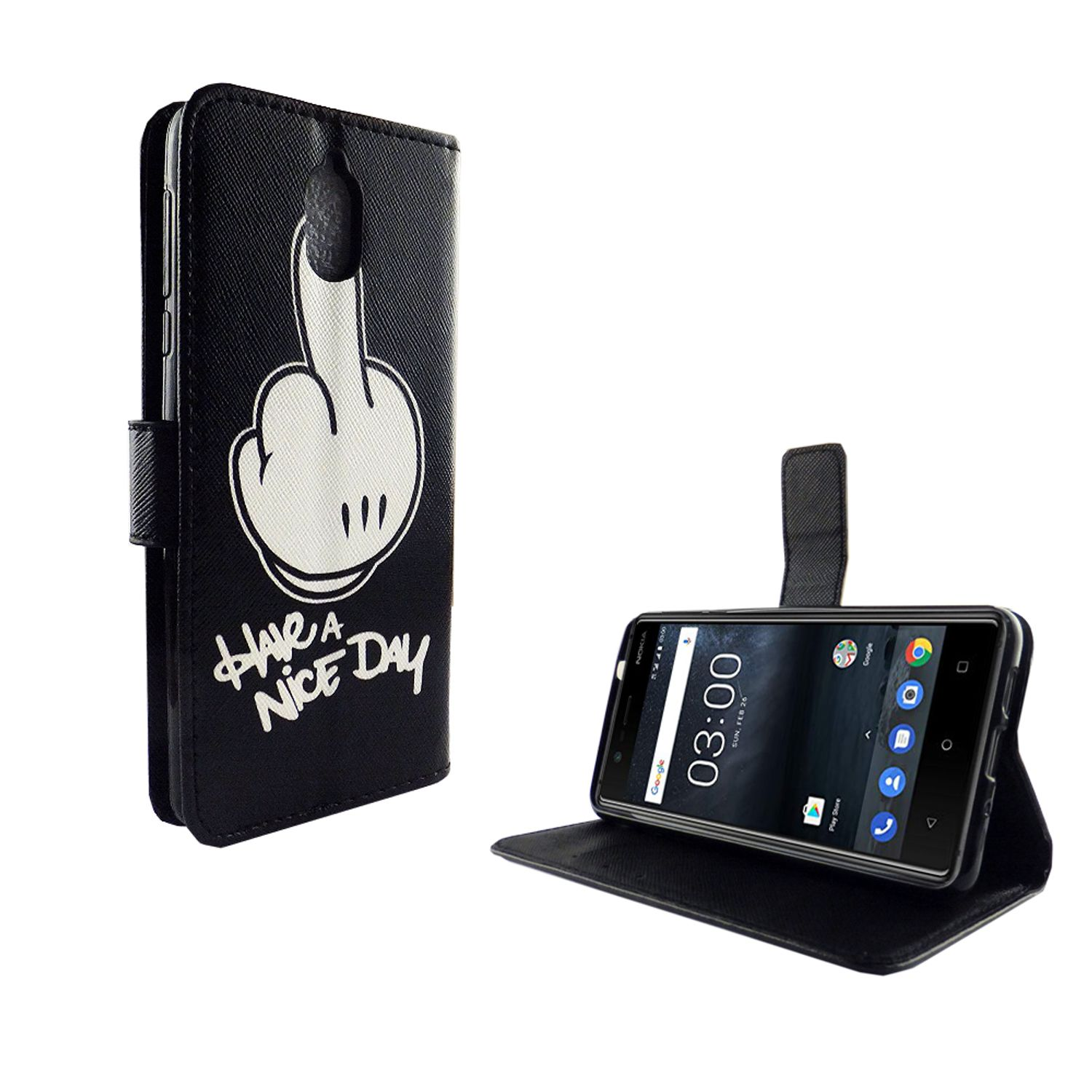 Schwarze Handyhülle mit Mittelfinger-Grafik und 'Have a nice day'. Telefon offen. Weißer Hintergrund.