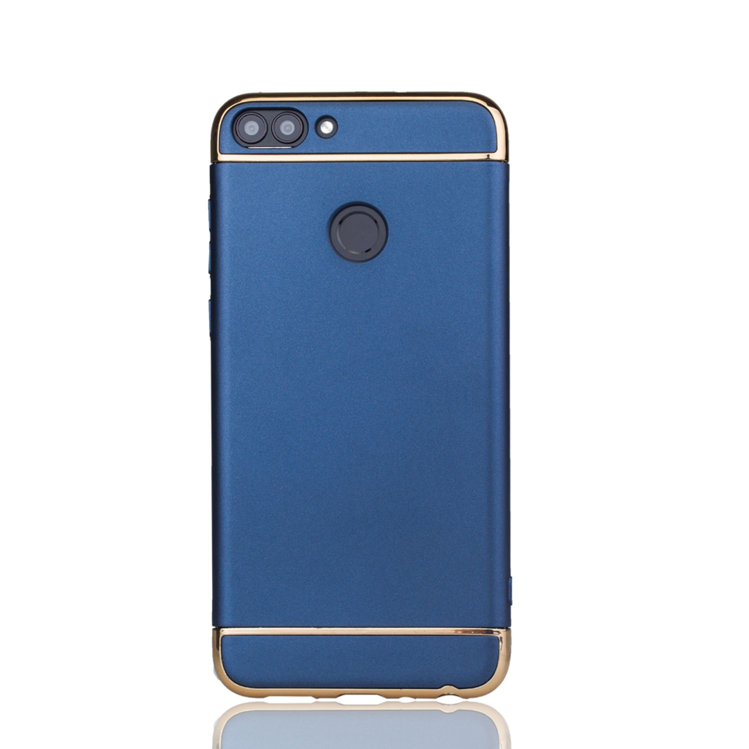 Eine blaue Handyhülle mit goldenem Rahmen. Das Telefon ist blau und hat einen goldenen Rahmen.