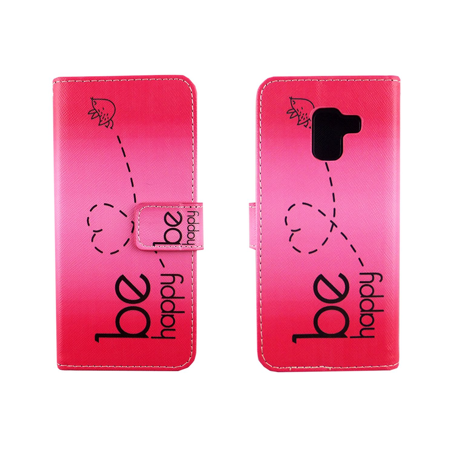 Zwei Handyhüllen sind geöffnet und zeigen die Innenseite der Handyhülle. Das Etui ist pink mit 'be happy'.