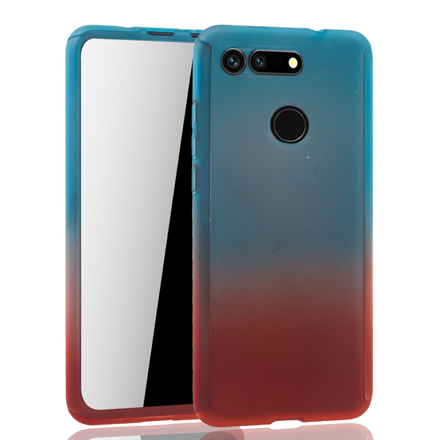 Eine blau-rote Handyhülle. Der Bildschirm des Telefons ist sichtbar.