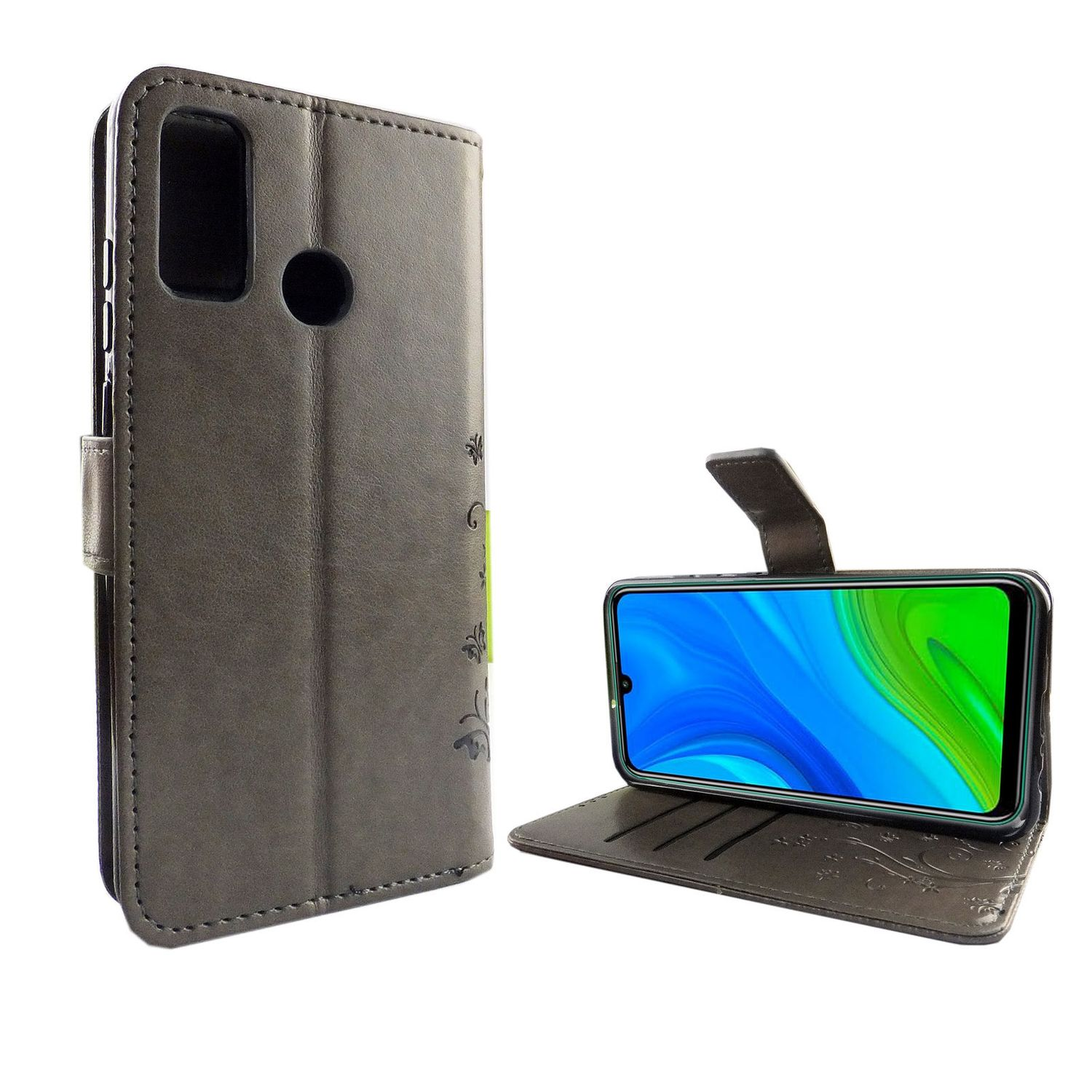 Graue Handyhülle. Das Telefon ist offen und zeigt einen Bildschirm. Der Hintergrund ist weiß.