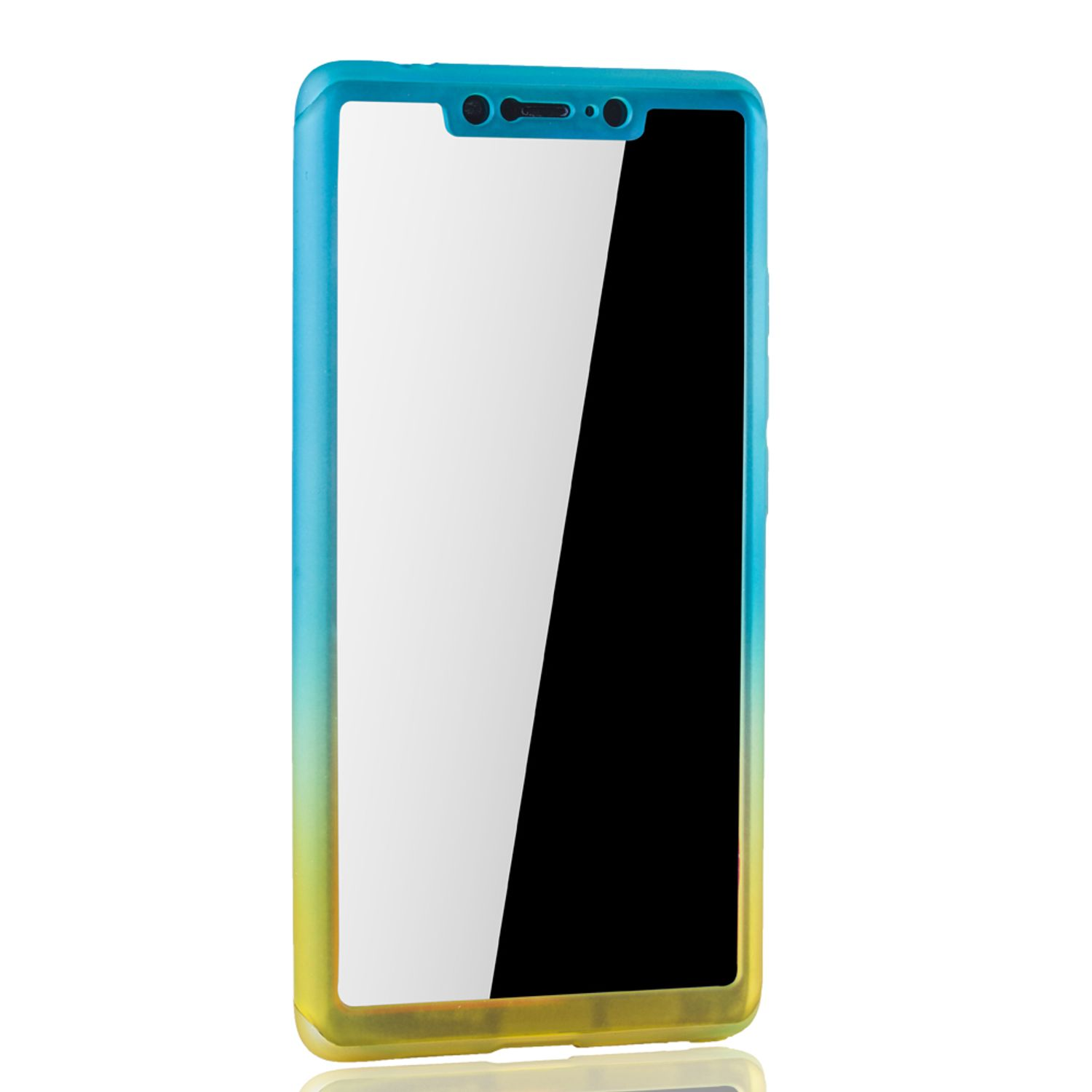 Telefon mit weißem Bildschirm in einem blau-gelben Farbverlaufrahmen, schräg auf weißem Hintergrund, reflektiert die Oberfläche.