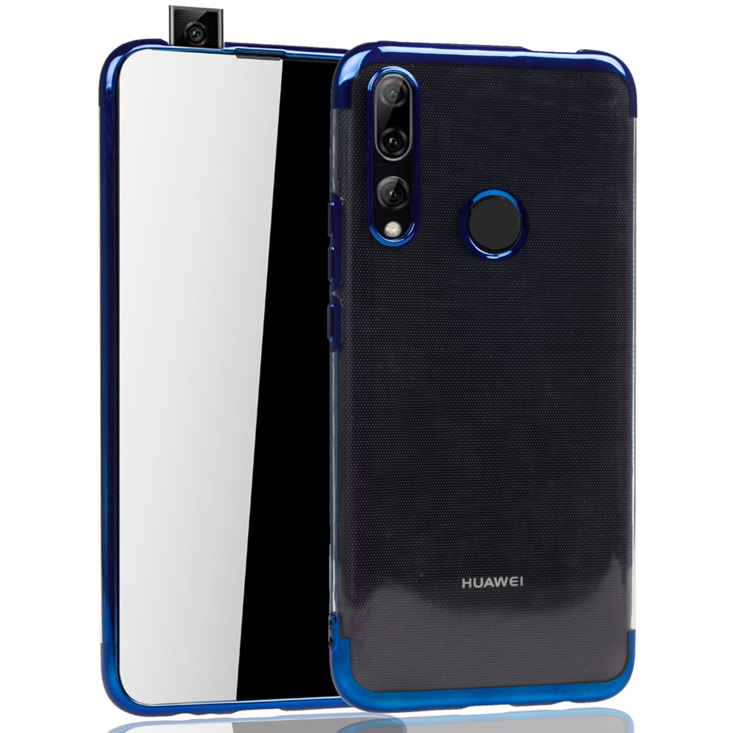 Eine schwarze Handyhülle mit blauem Rahmen. Das Telefon hat eine Kamera und das Wort HUAWEI.