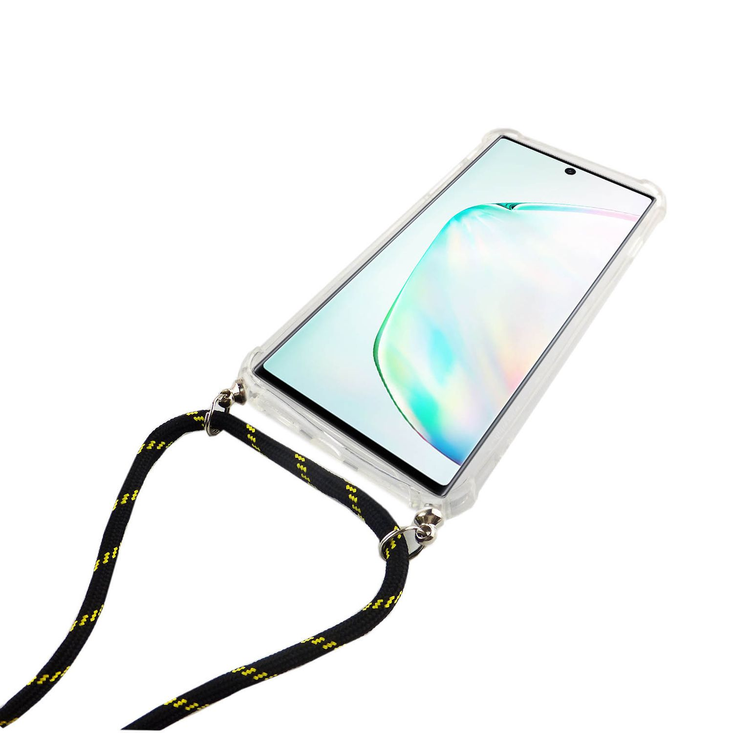 Transparente Handyhülle mit schwarzem und gelbem Umhängeband. Telefon innen.
