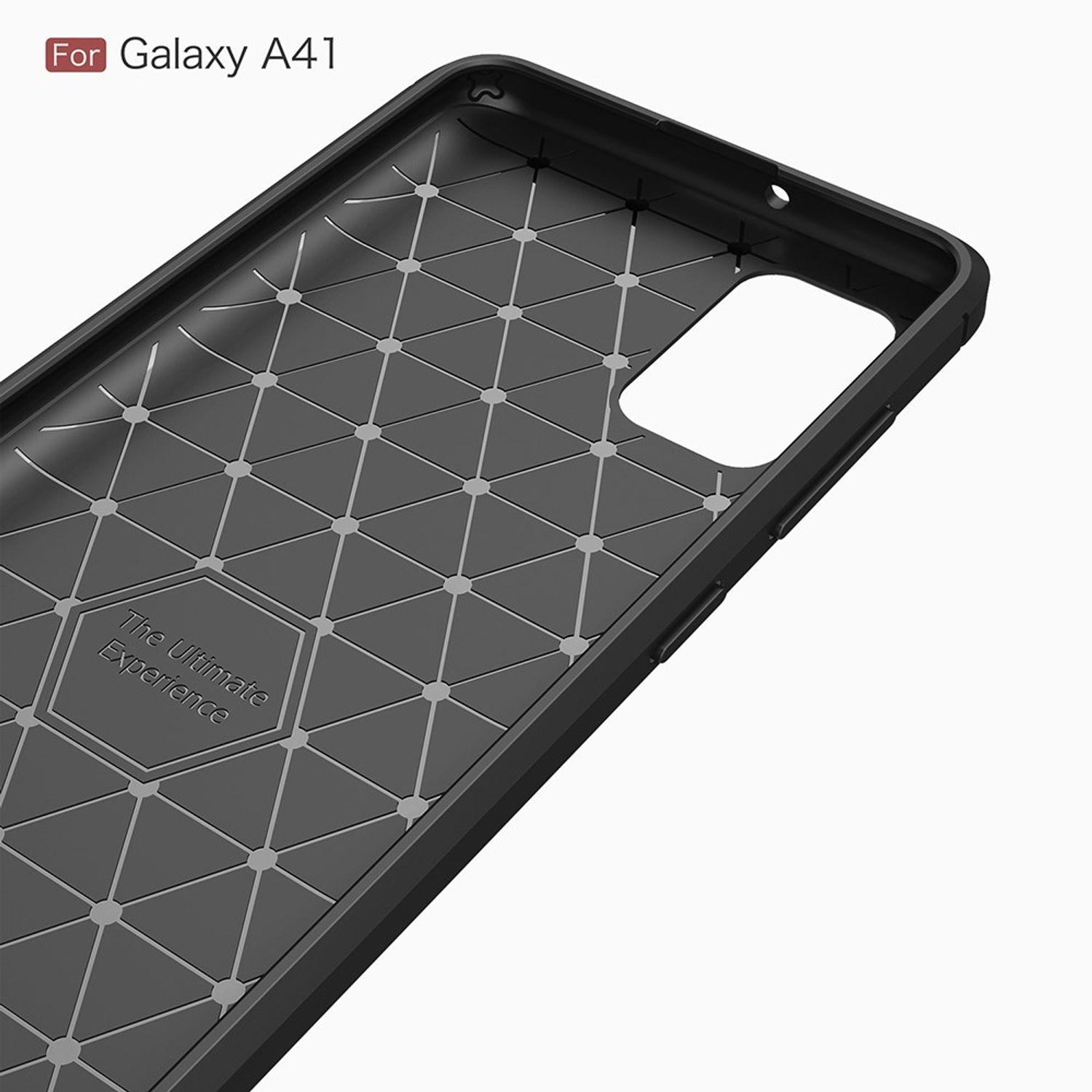 Schwarze Handyhülle für Galaxy A41. Innenansicht. Geometrisches Muster mit Aussparungen.