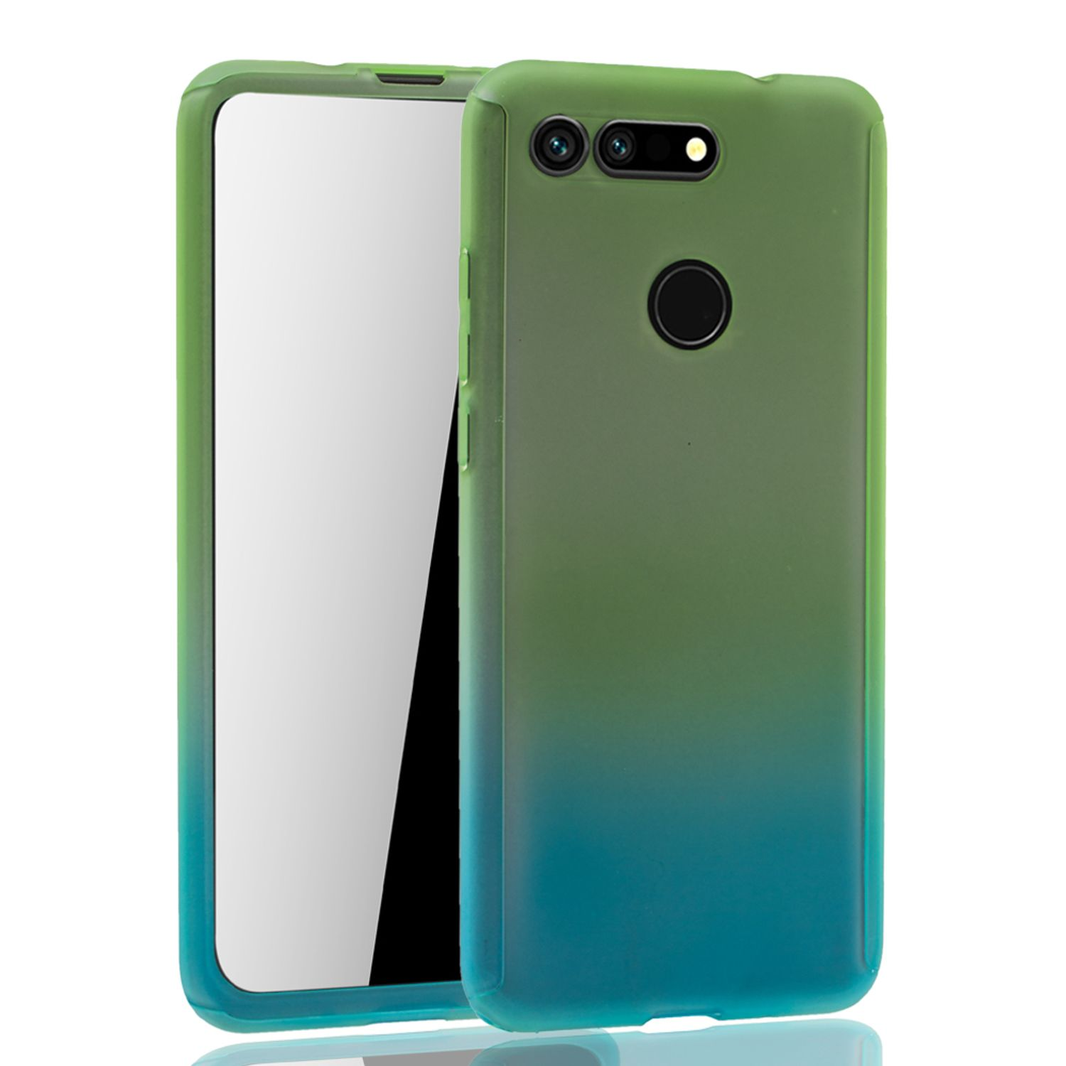 Grün-blaue Handyhülle. Ein Telefon befindet sich in der Hülle, auf weißem Hintergrund.
