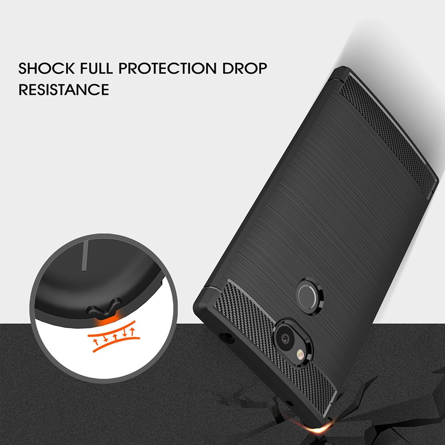 Schwarze Handyhülle mit Text „SHOCK FULL PROTECTION DROP RESISTANCE“. Ein kreisförmiges Element wird gezeigt.