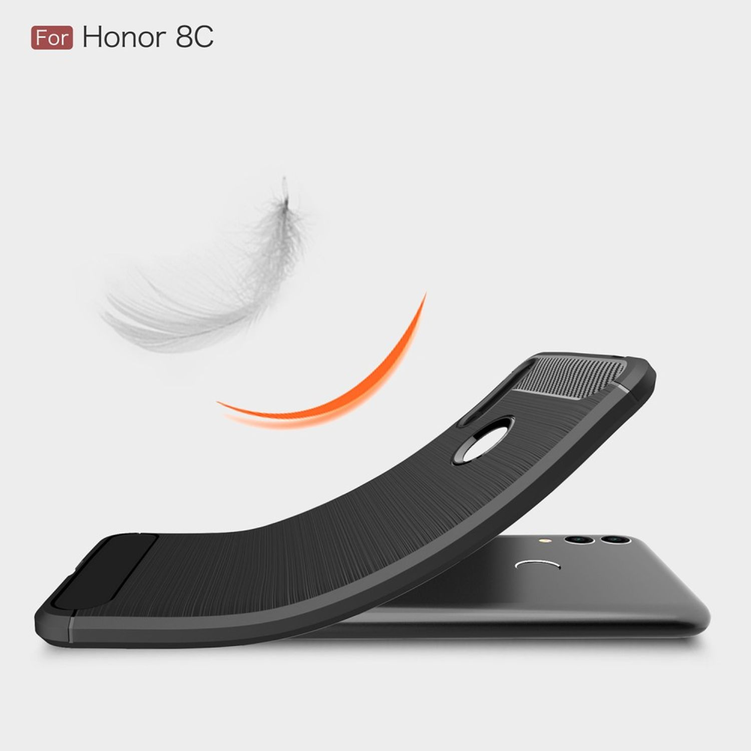 Eine schwarze Handyhülle mit einer Feder und einer gebogenen orangefarbenen Form. Unten ist ein Telefon.