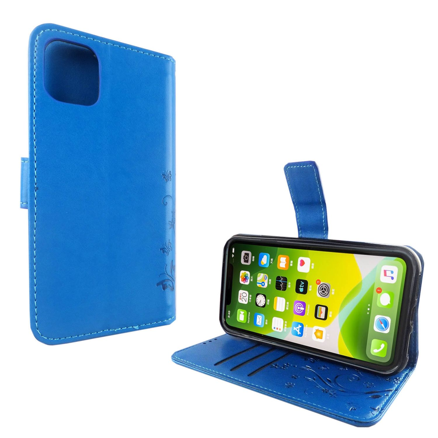 Blaue Handyhülle, offen. Zeigt das Telefon im Inneren. Weißer Hintergrund.
