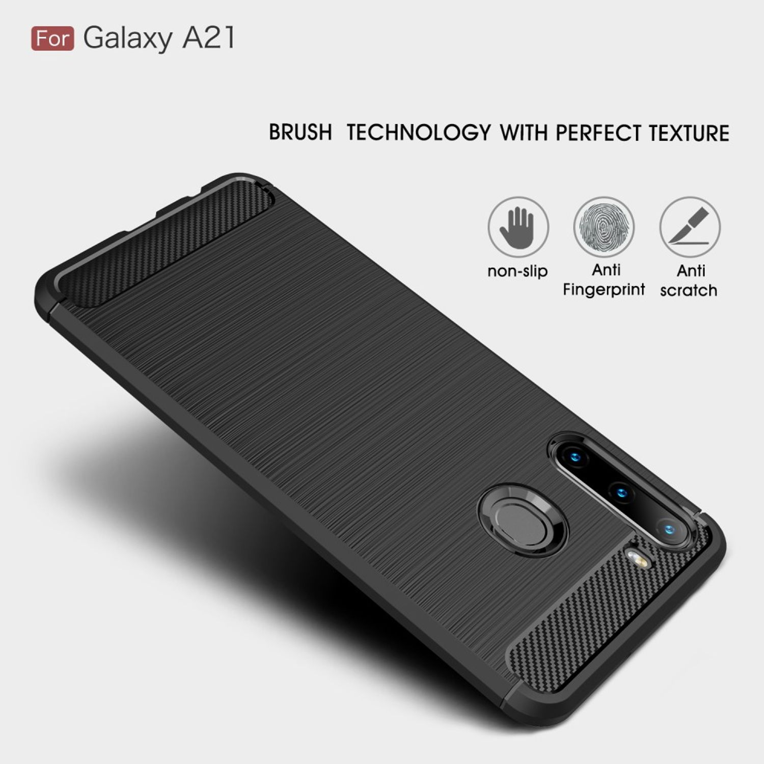 Schwarze Handyhülle für Galaxy A21. Eigenschaften: rutschfest, Anti-Fingerprint und Anti-Kratzer. Weißer Hintergrund.