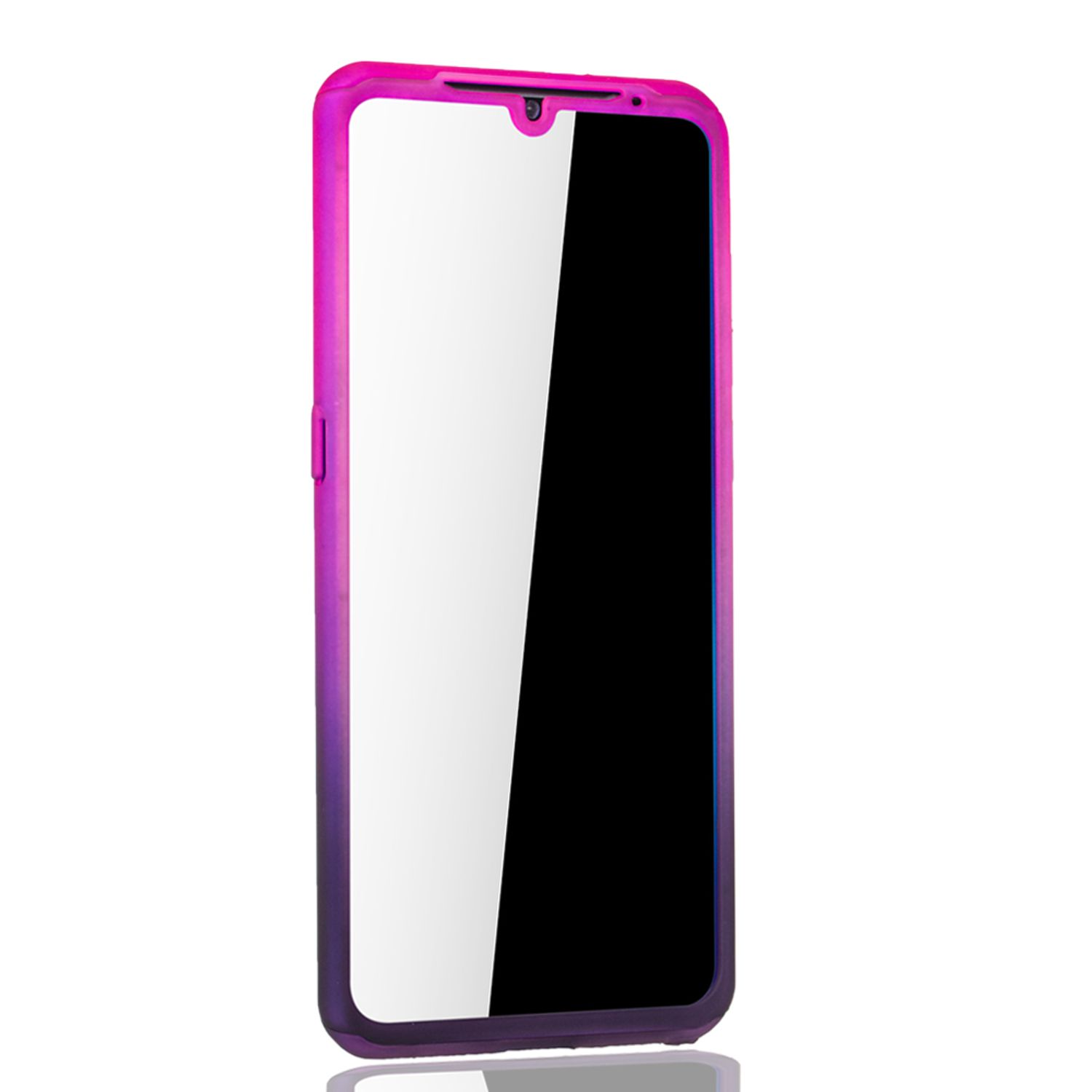 Rosa-lila Farbverlauf-Telefon, reflektierender Bildschirm. Weißer Hintergrund.