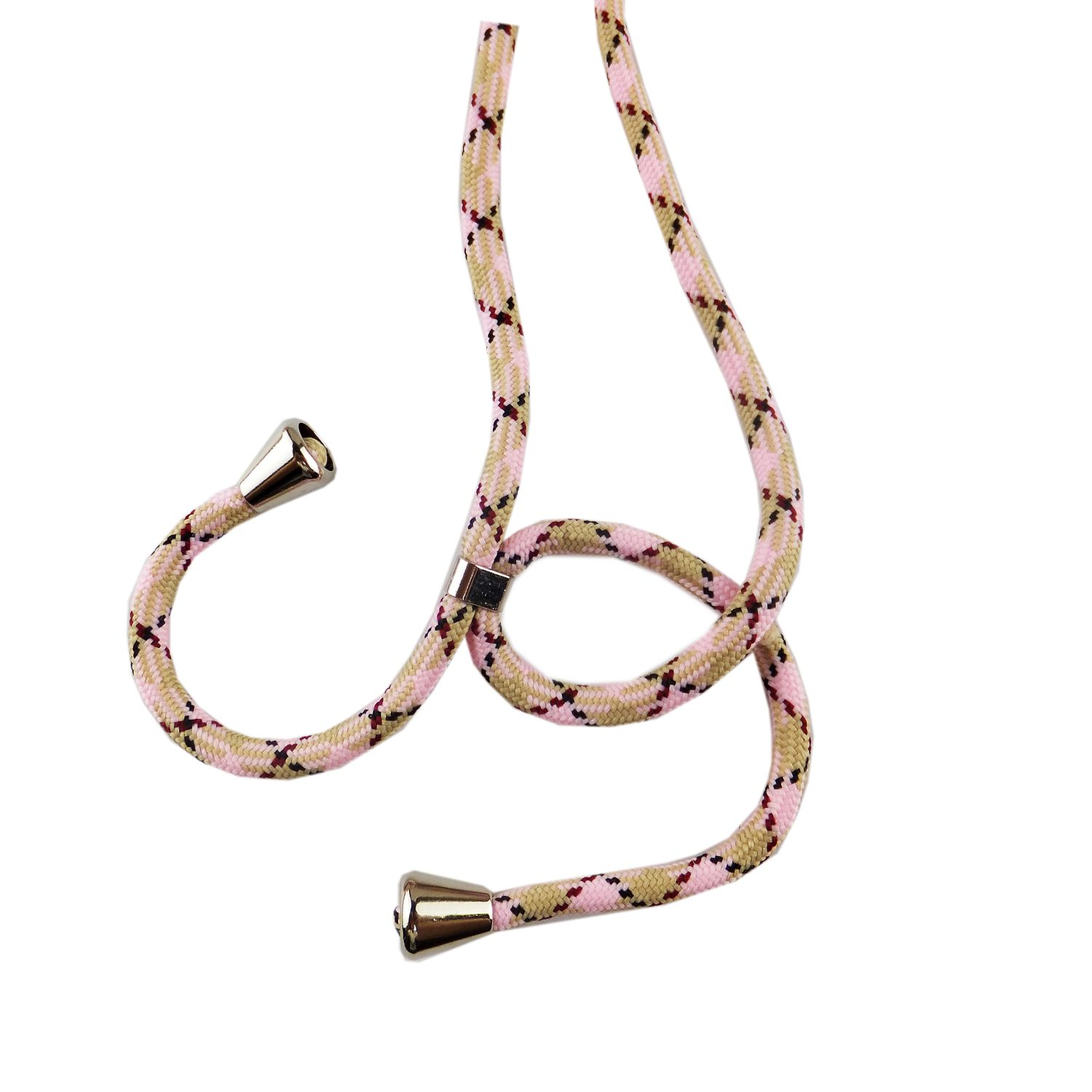 Ein Telefon-Umhängeband mit rosa-beige gemustertem Kordel und silberfarbenen Metallenden und -verbinder.