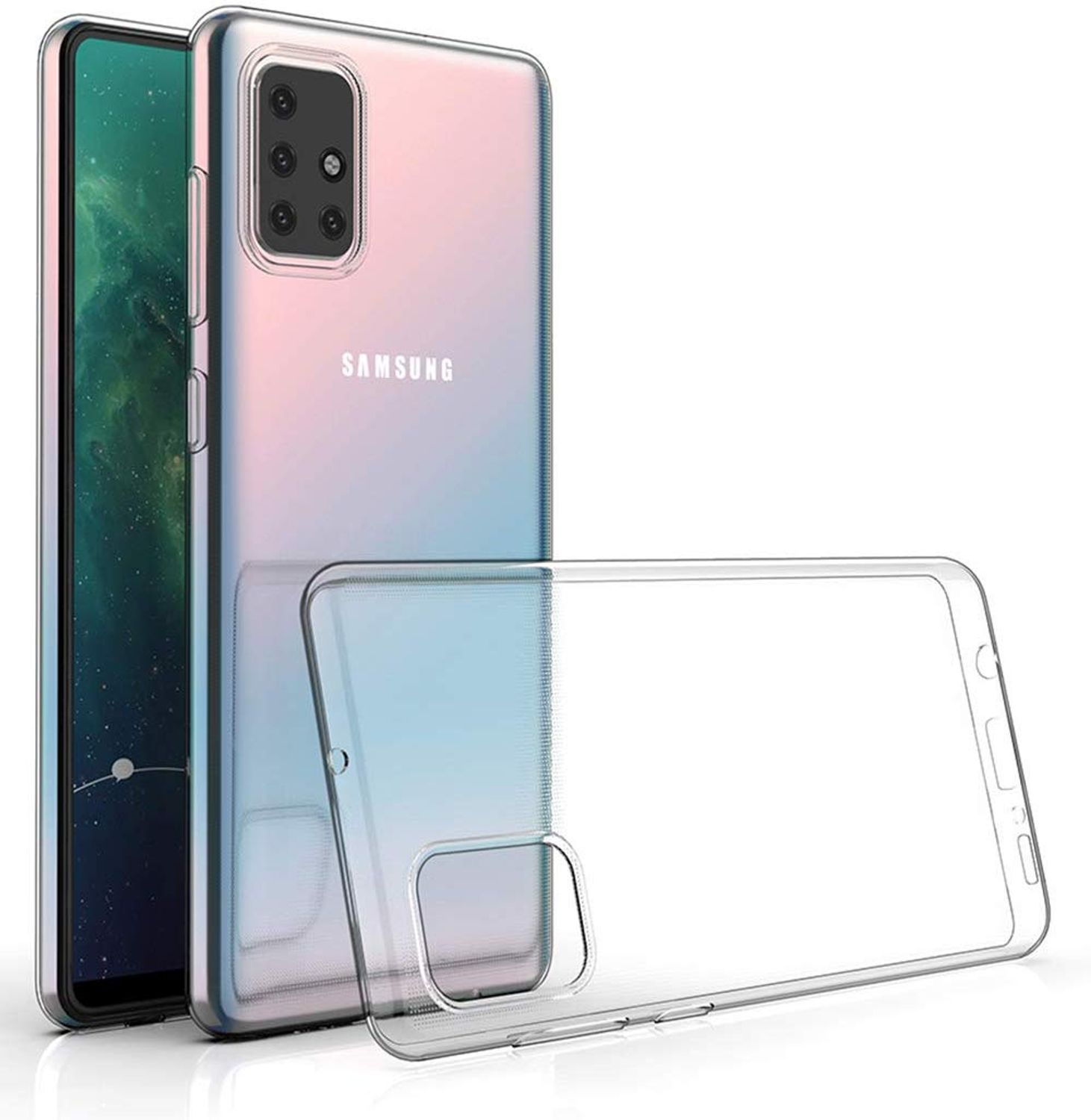 Eine transparente Handyhülle mit einem Samsung-Telefon. Das Telefon zeigt einen Farbverlauf.